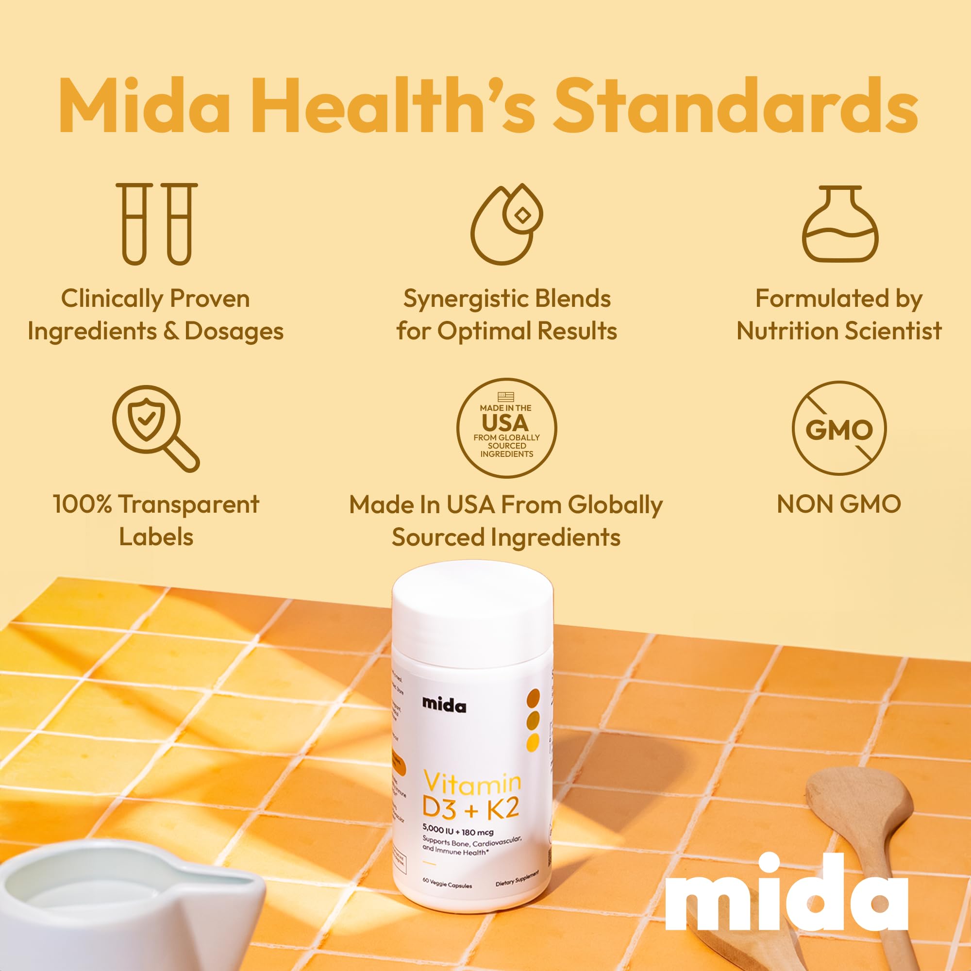Mida Health Vitamin D3 & K2 Supplement capsules in a hand