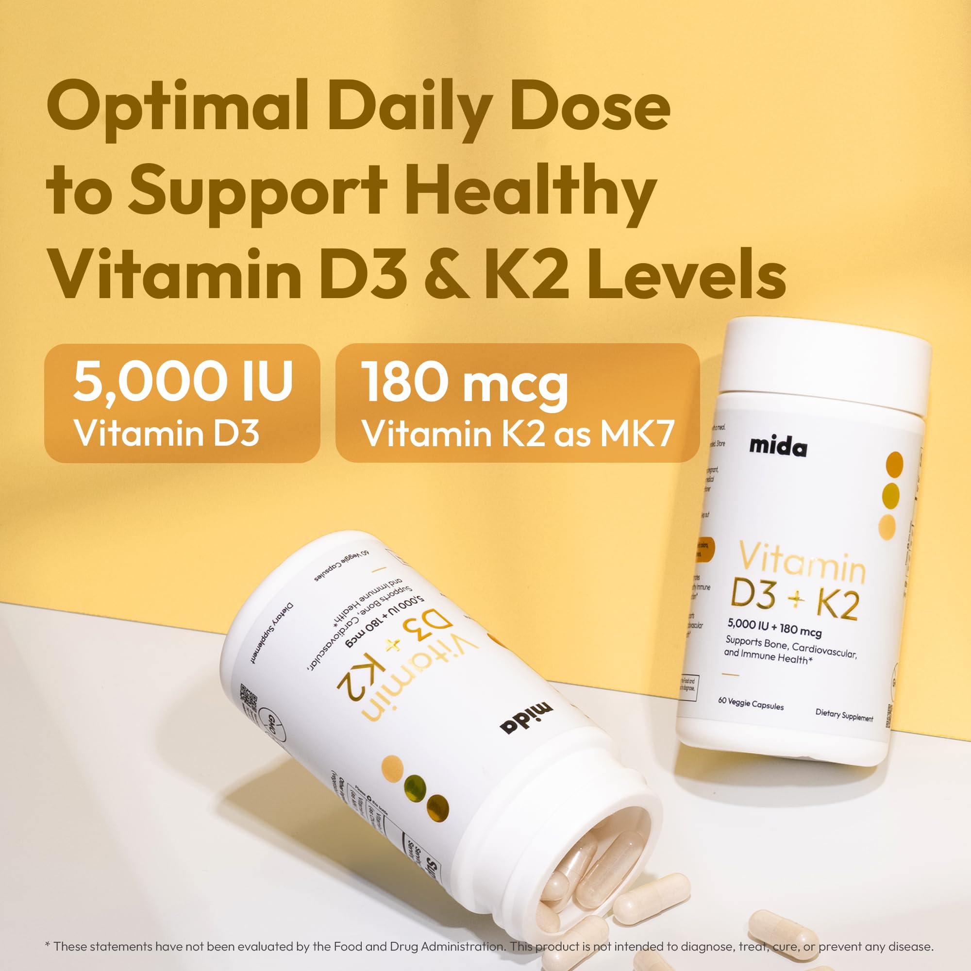 Mida Health Vitamin D3 & K2 Supplement capsules on a table