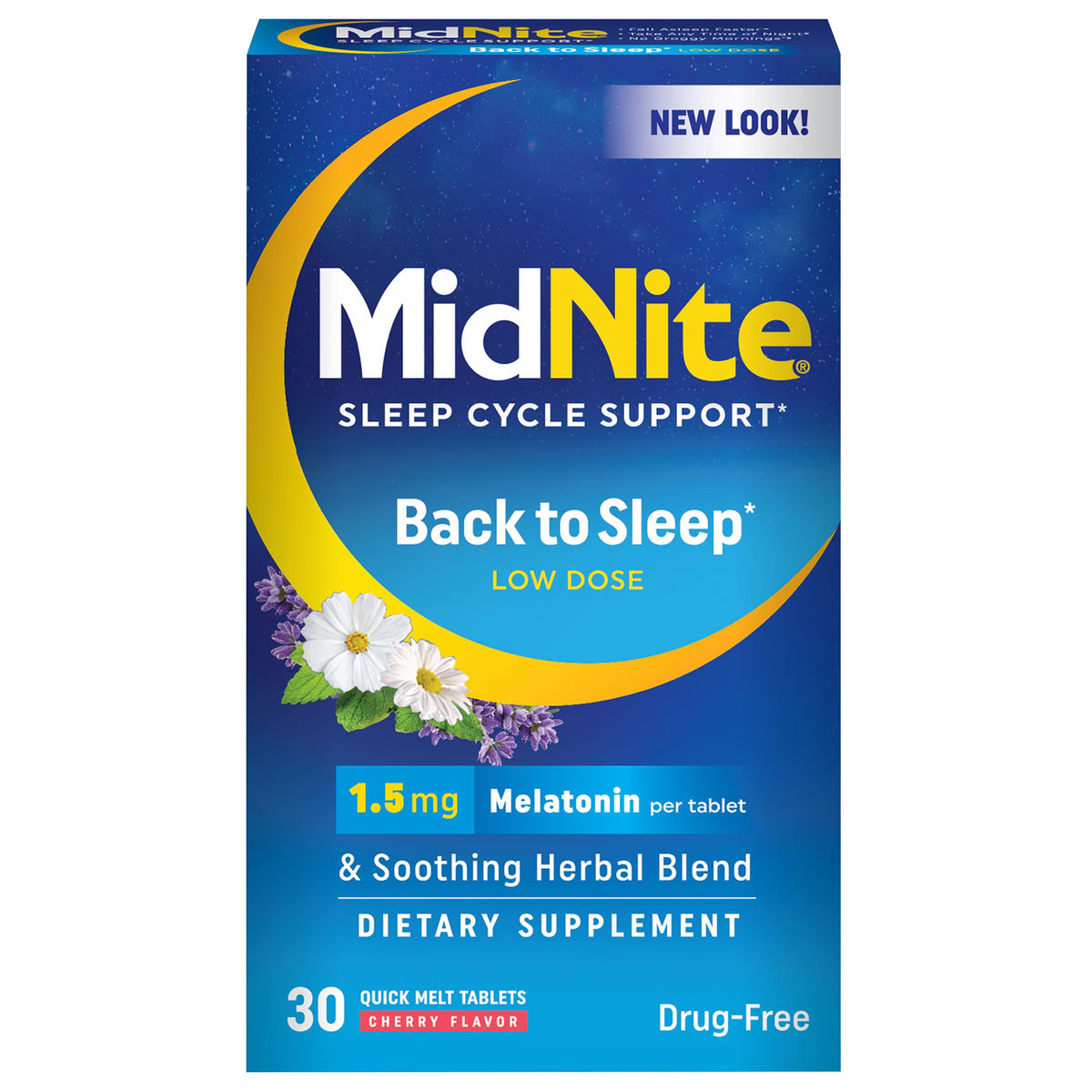 MidNite Back to Sleep 1.5 mg melatonin tablets front view