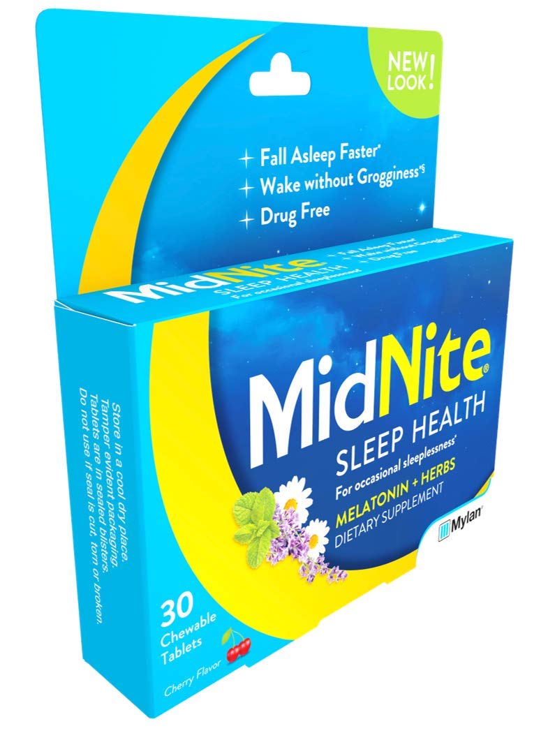MidNite Natural Sleep Supplement chewable tablets on a wooden table