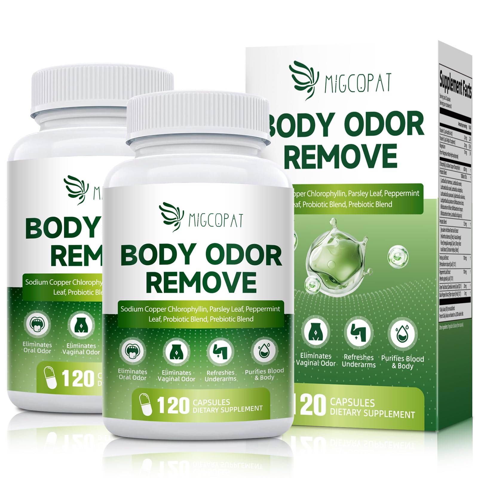 Migcopat Body Deodorizing Supplement 600mg chlorophyll capsules front view