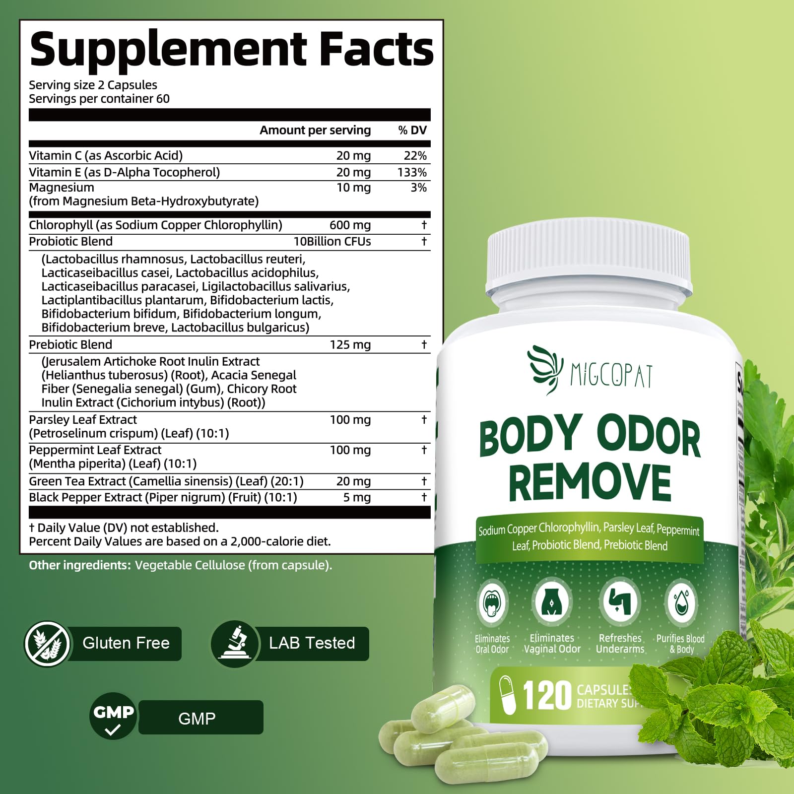 Migcopat Body Deodorizing Supplement bottle with 120 capsules