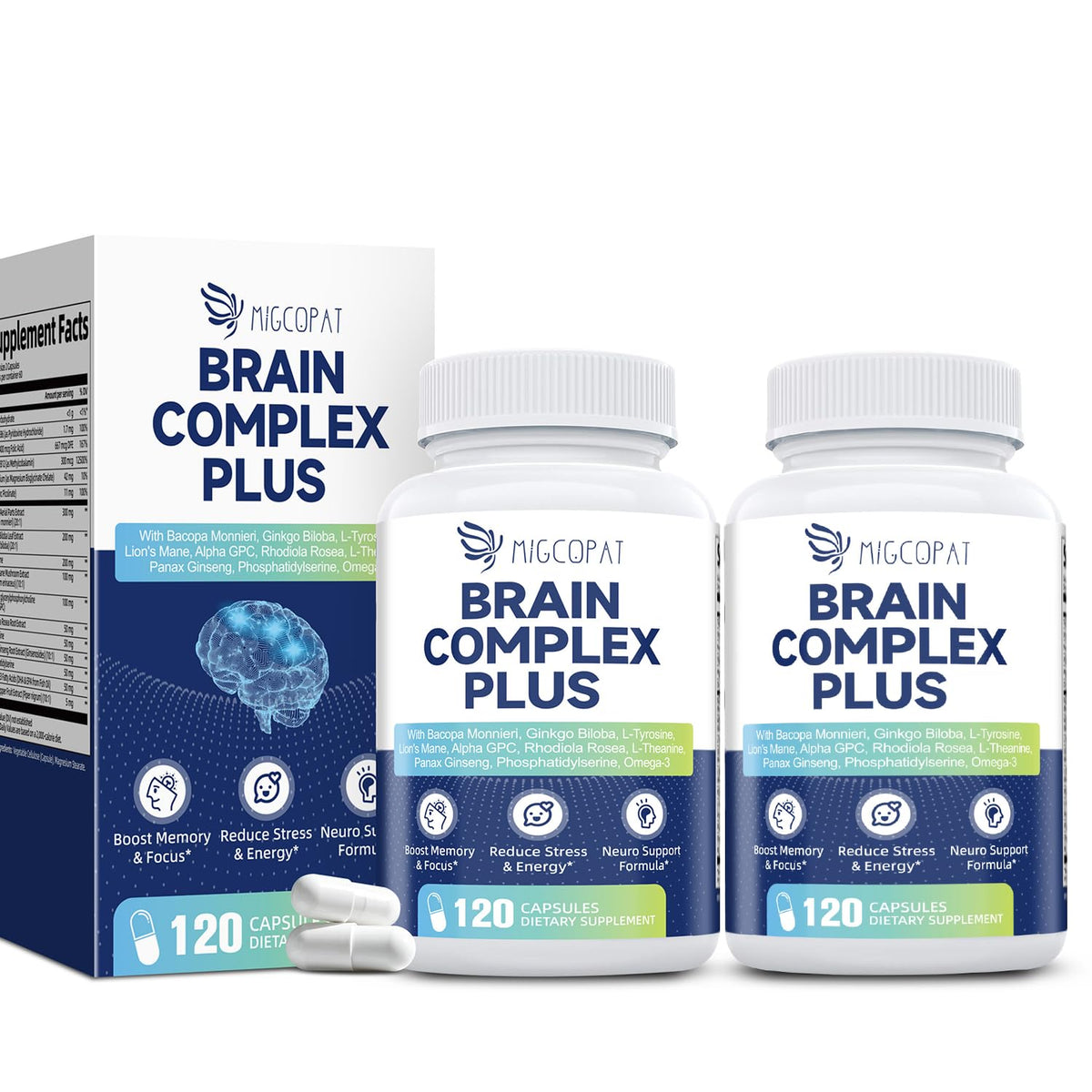 Migcopat Brain Supplement Capsules front view with 15 ingredients
