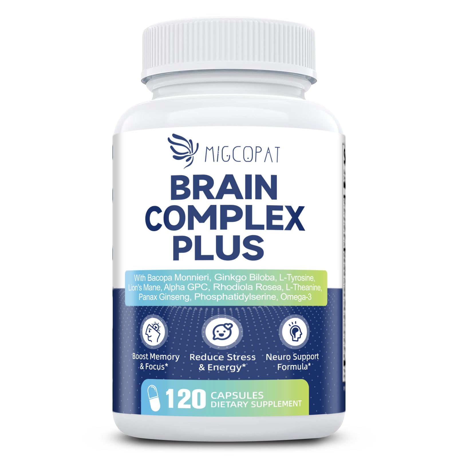 Migcopat Brain Supplement Capsules next to a glass of water