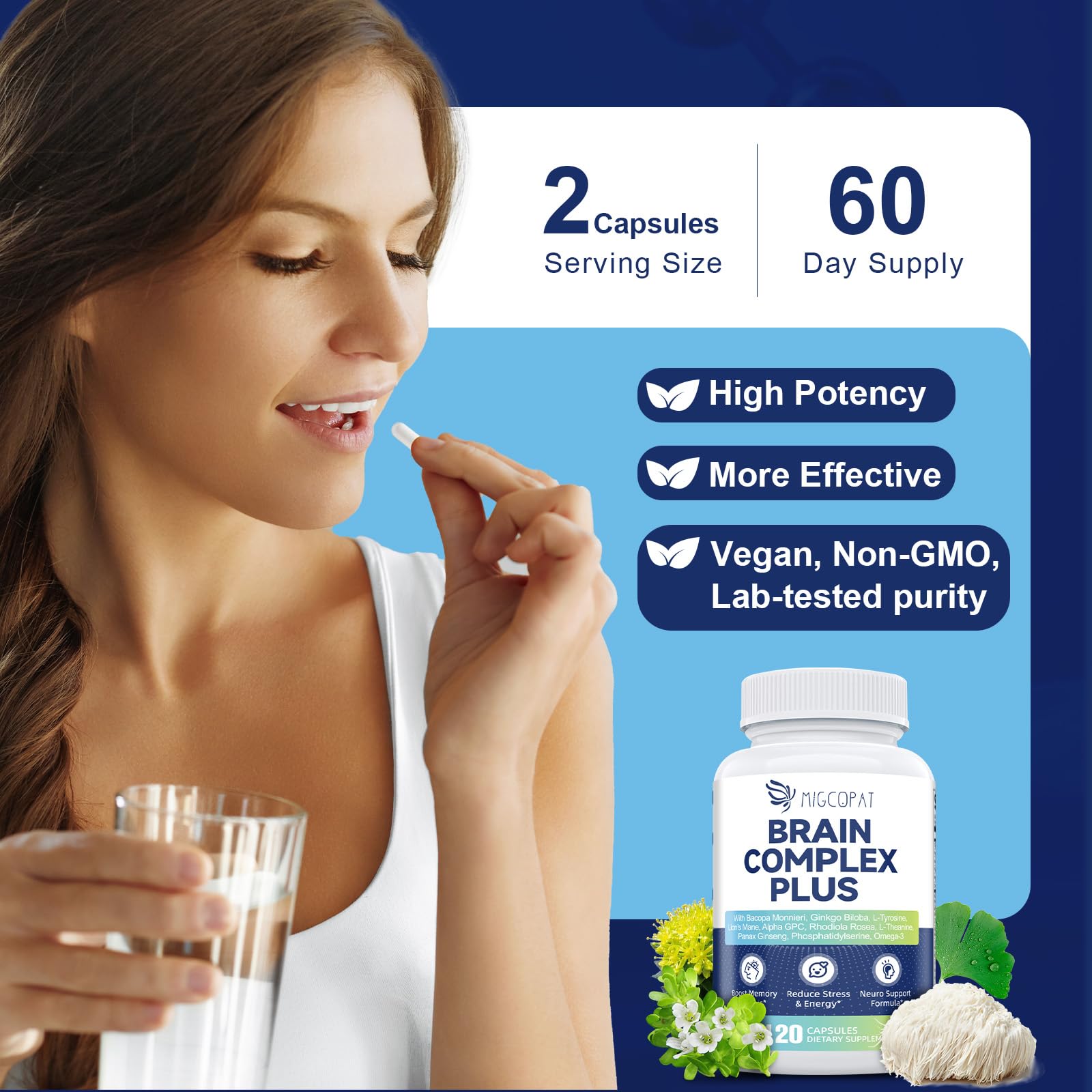 Migcopat Brain Supplement Capsules with ingredients listed
