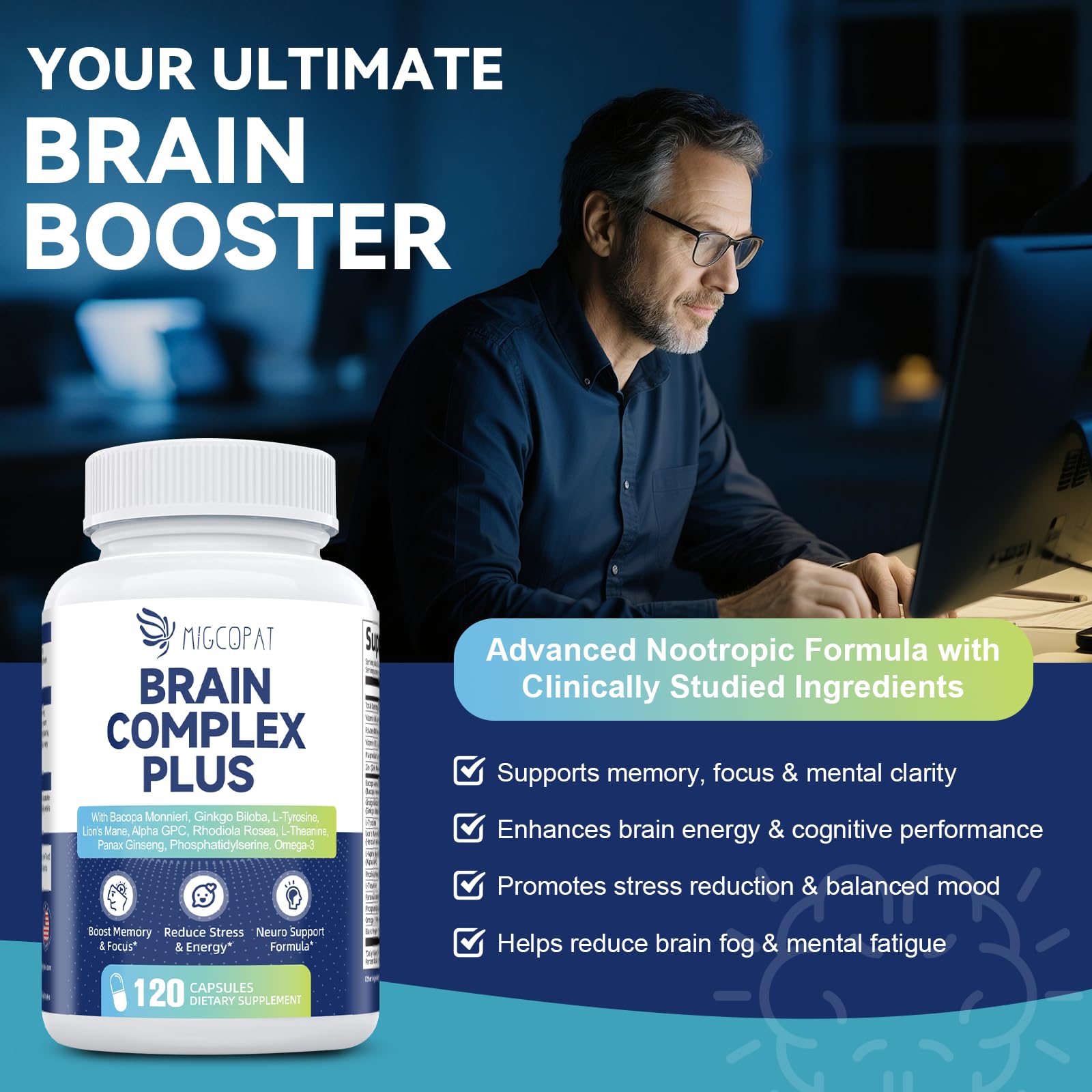 Migcopat Cognitive Support Supplement bottle on a wooden table