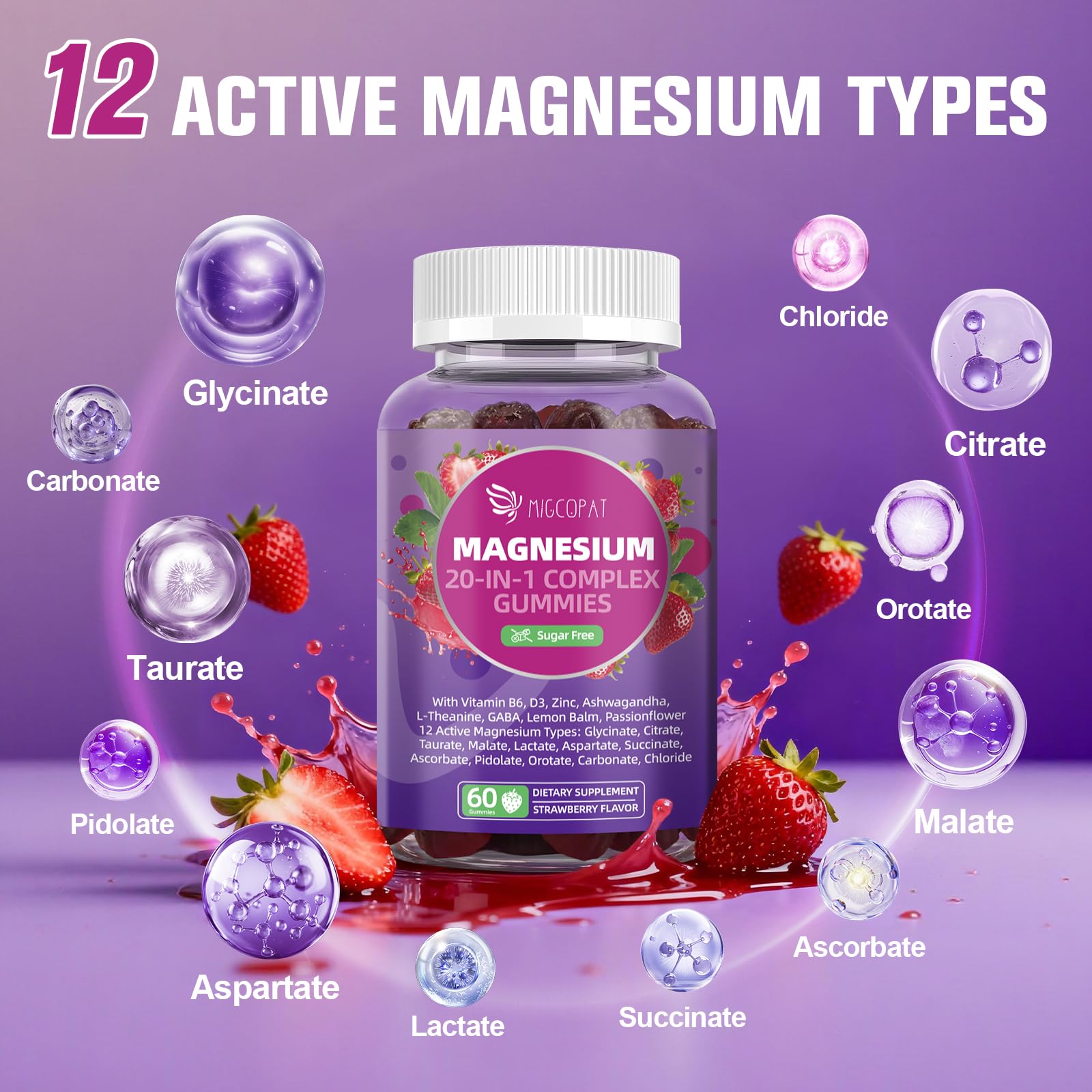 Migcopat Magnesium Gummies with ingredients displayed