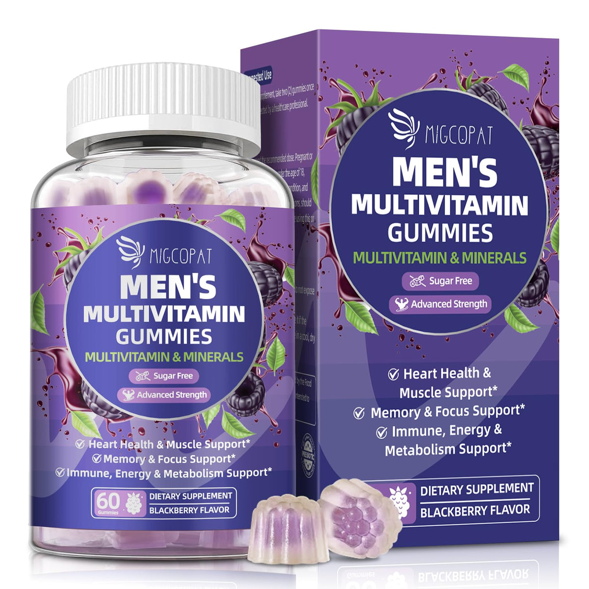Migcopat Men's Multivitamin Gummies bottle front view, blackberry flavour