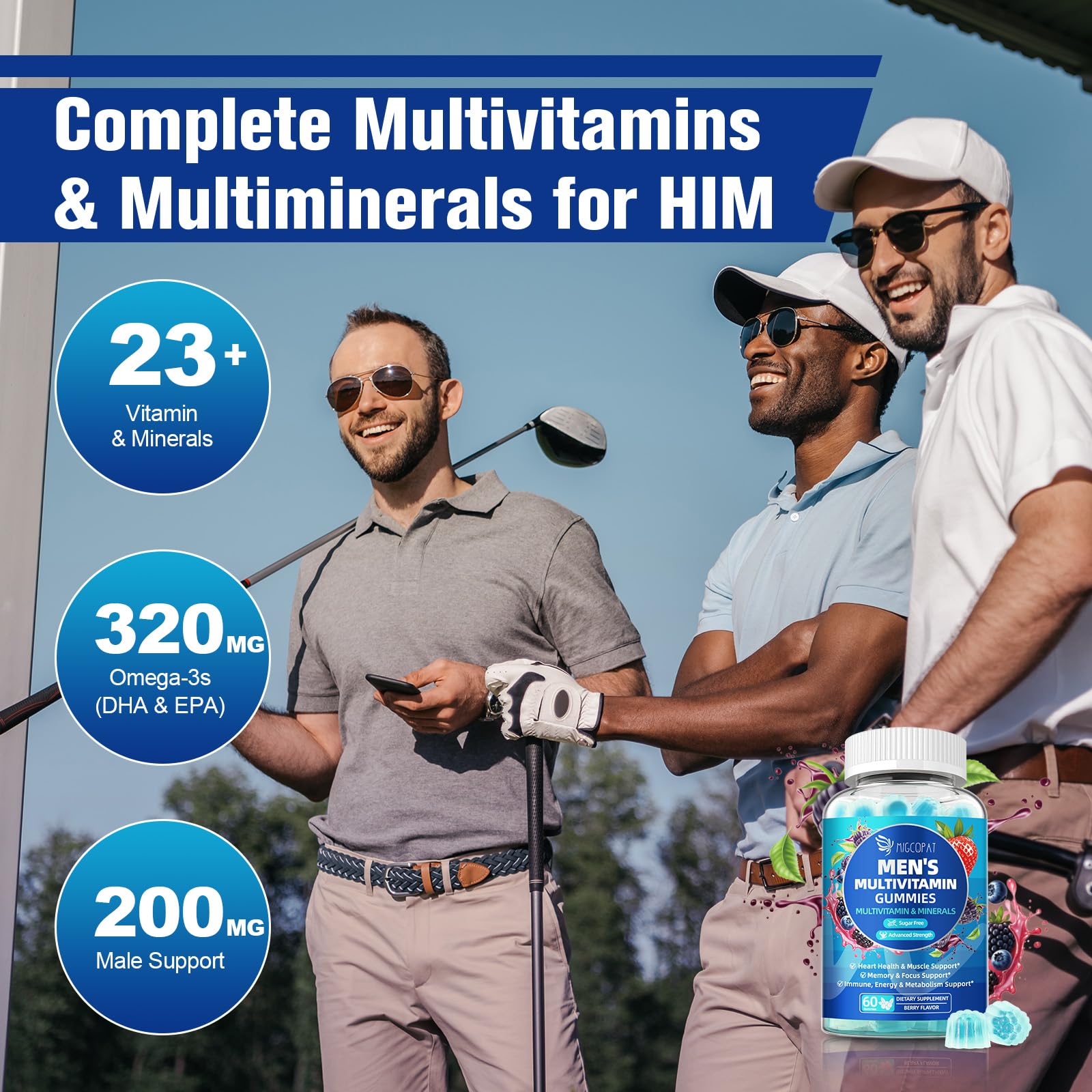 Migcopat Men's Multivitamin Gummies bottle with a hand holding it