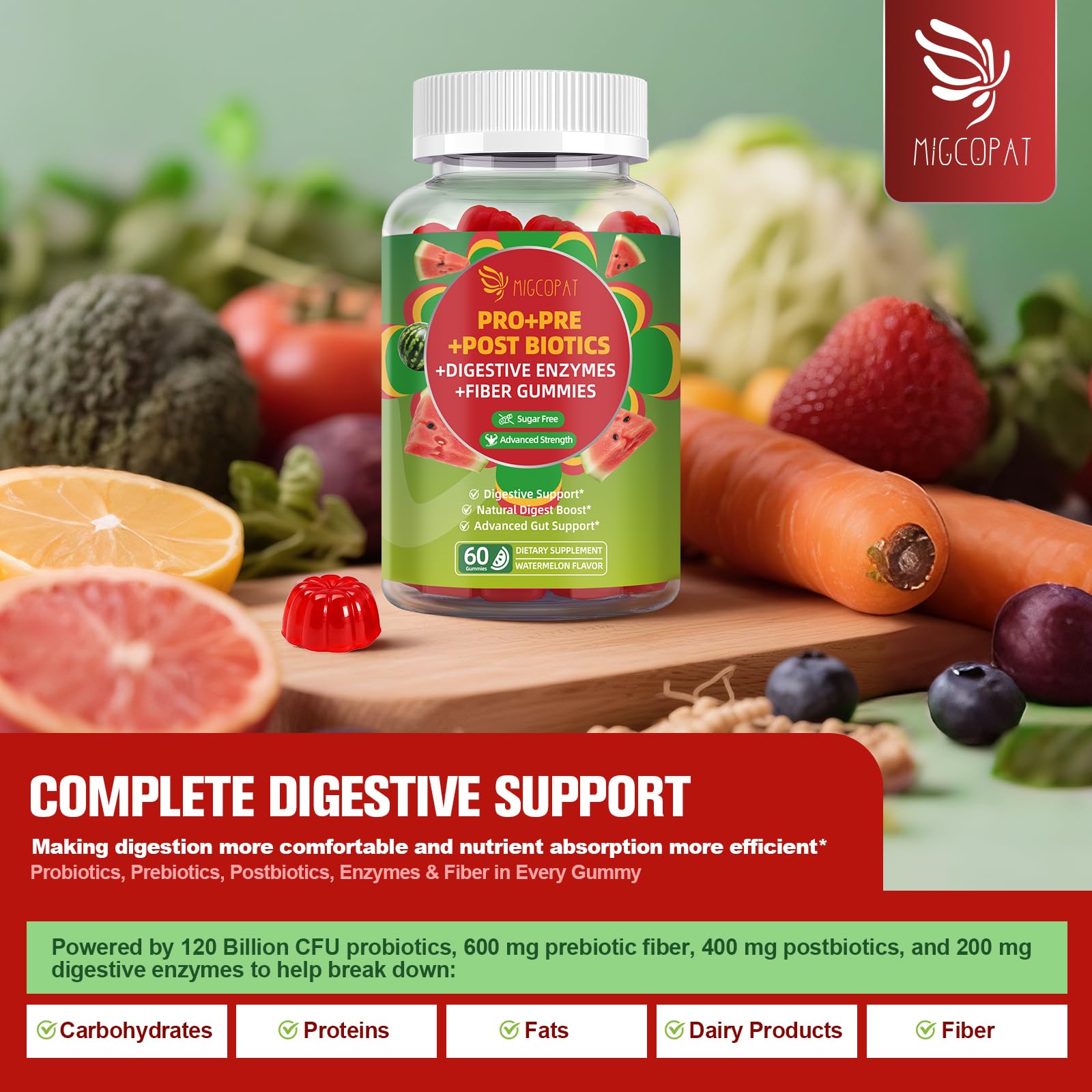 Migcopat Prebiotics Gummies displayed with fresh watermelon