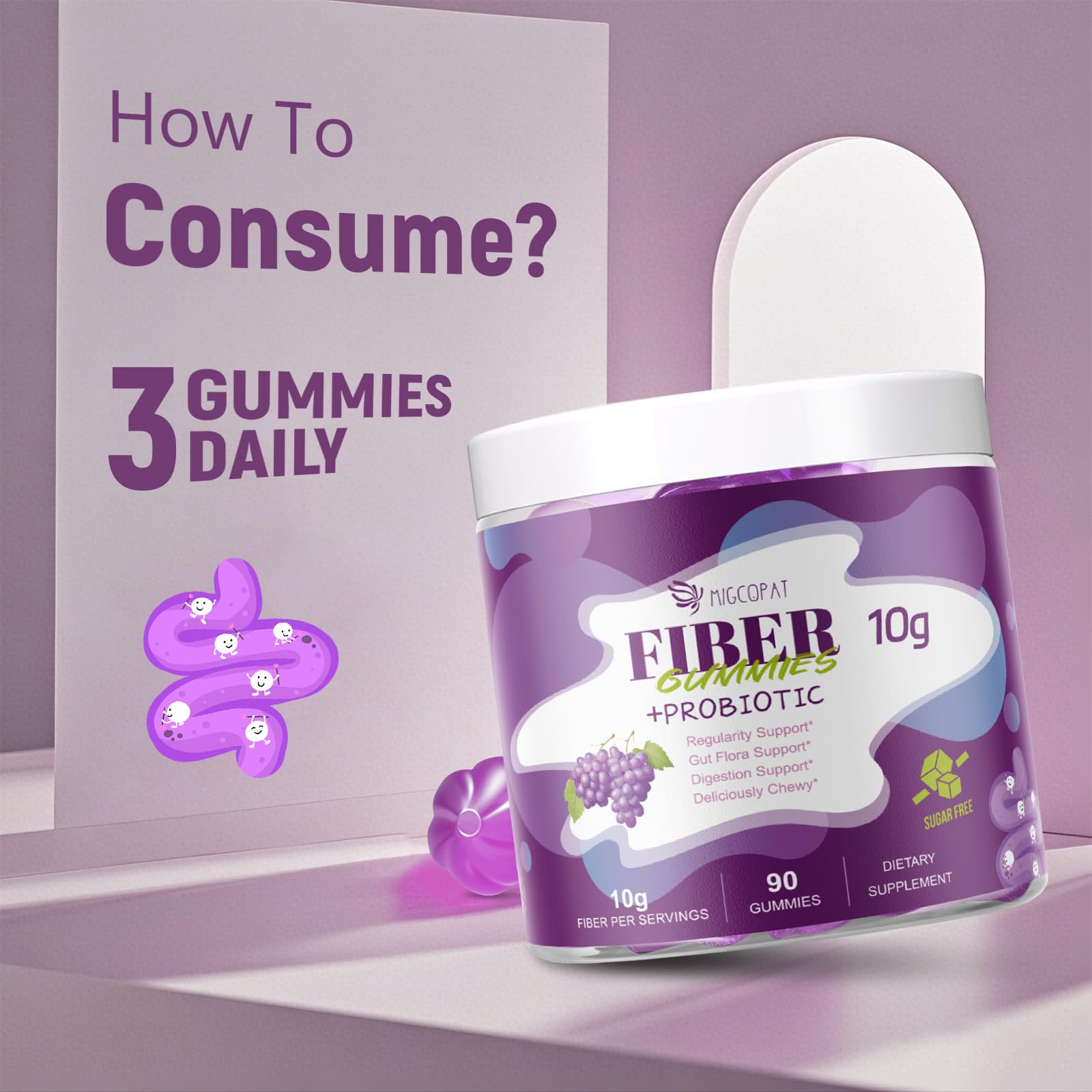 Migcopat Probiotic Fiber Gummies lifestyle scene with fresh fruits