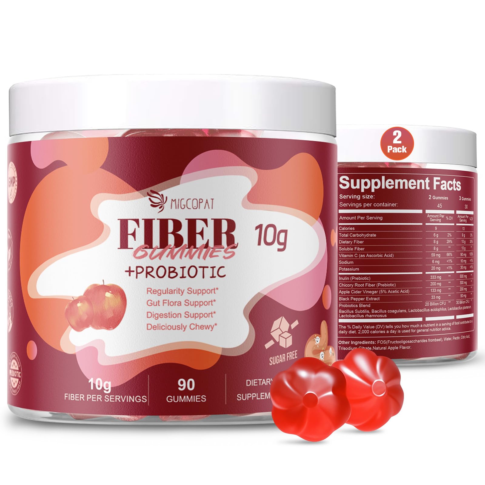 Migcopat Sugar-Free Fiber Supplement Gummies front view, apple flavour