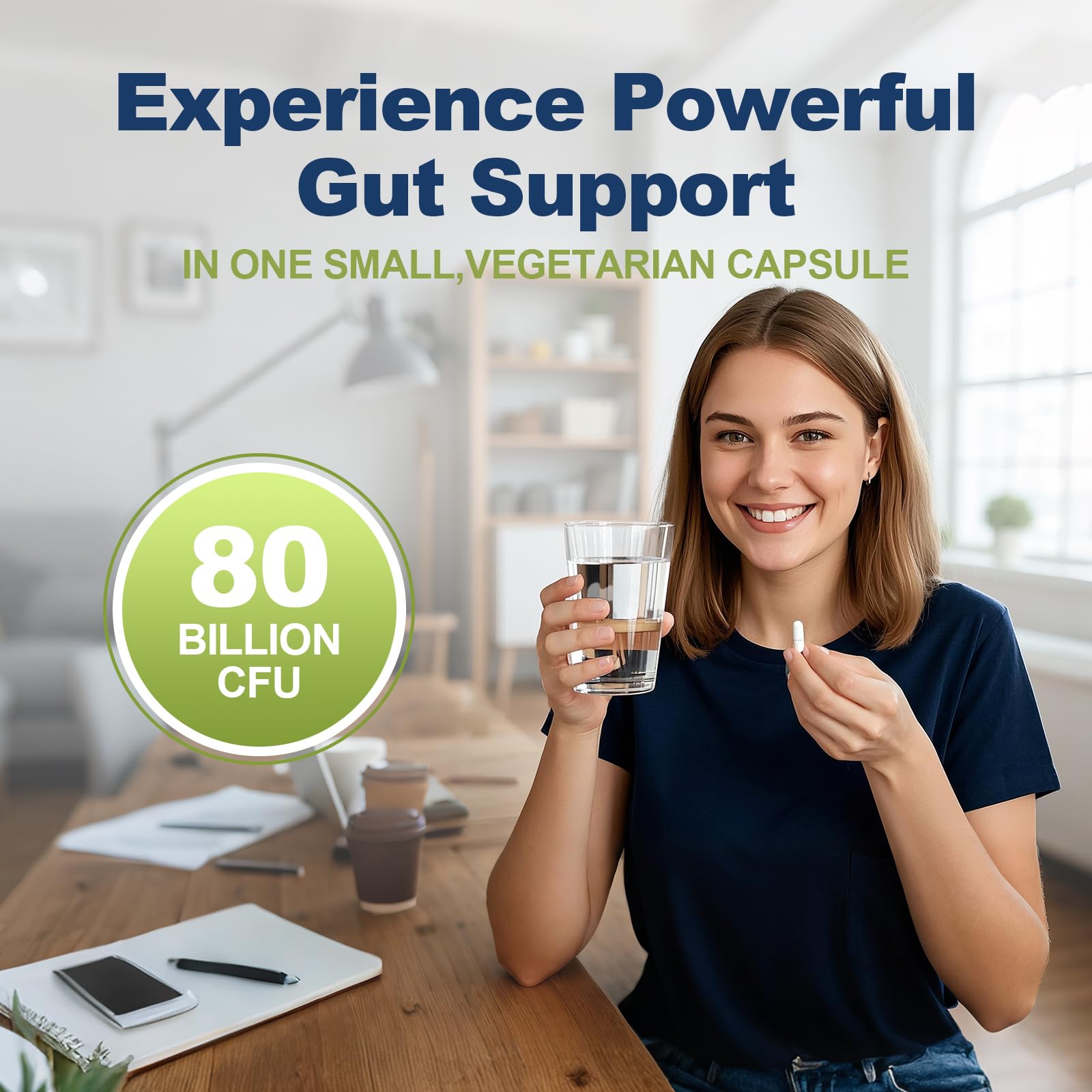 Migcopat Synbiotic Probiotic Supplement 80 Billion CFU with water glass