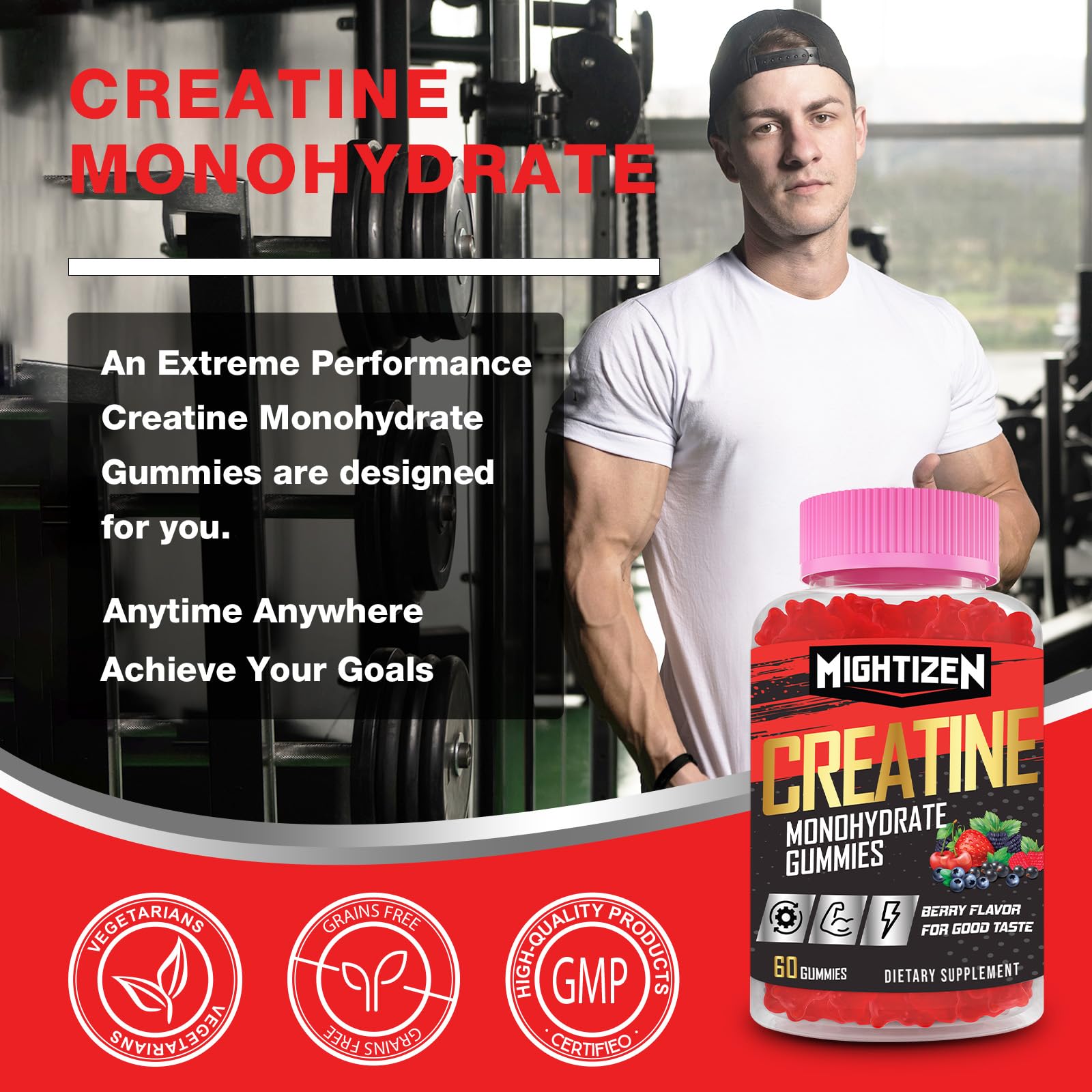 Mightizen Creatine Monohydrate Gummies on a fitness mat