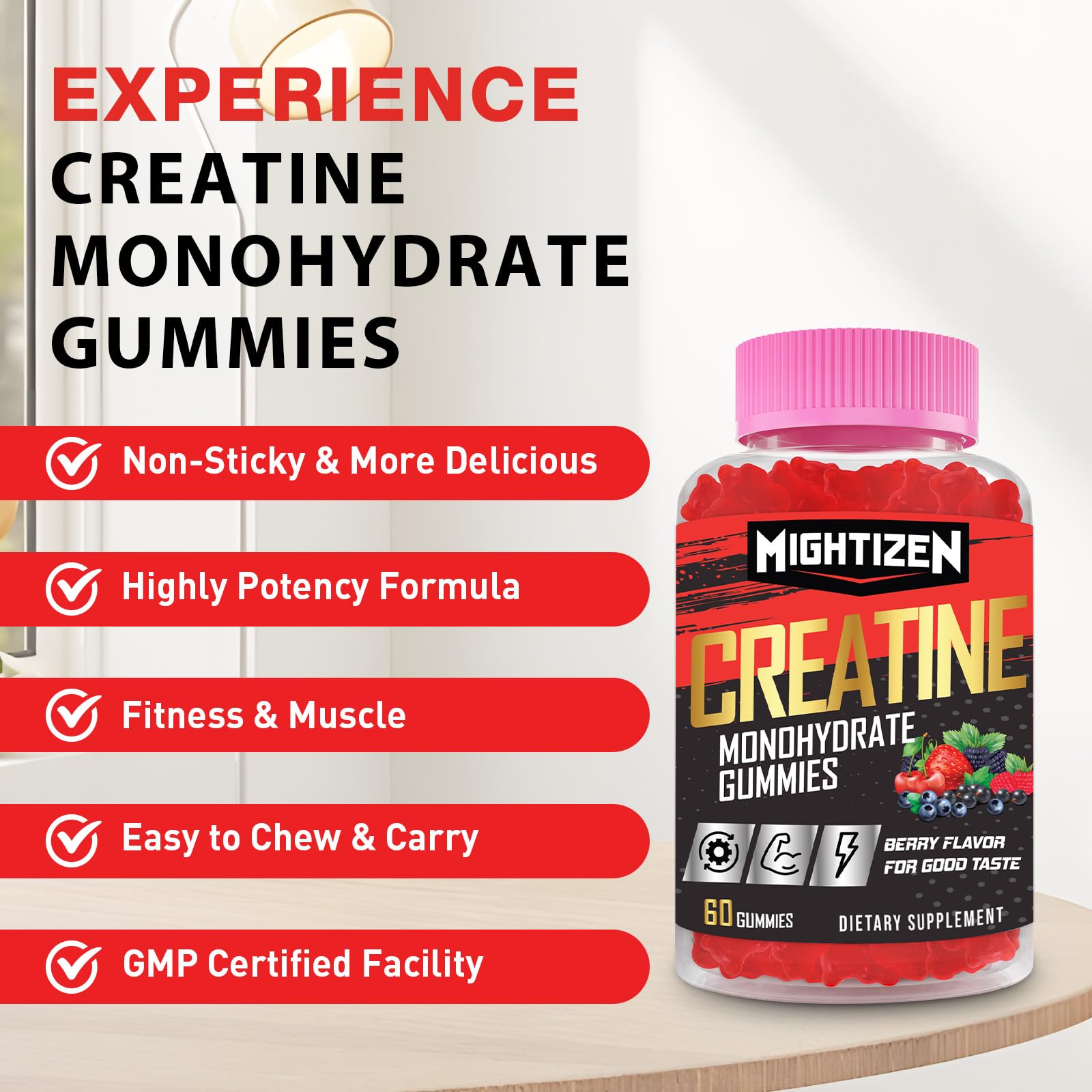 Mightizen Creatine Monohydrate Gummies on a gym bench