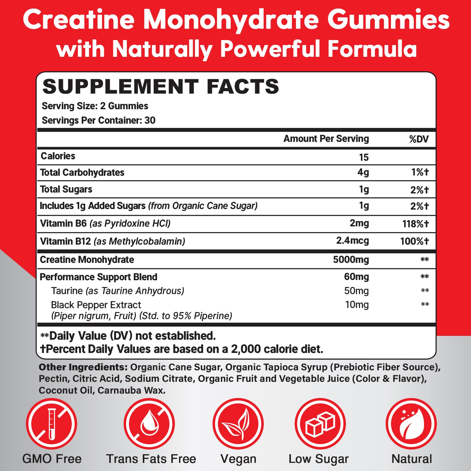 Mightnes Creatine Monohydrate Gummies side view with ingredients
