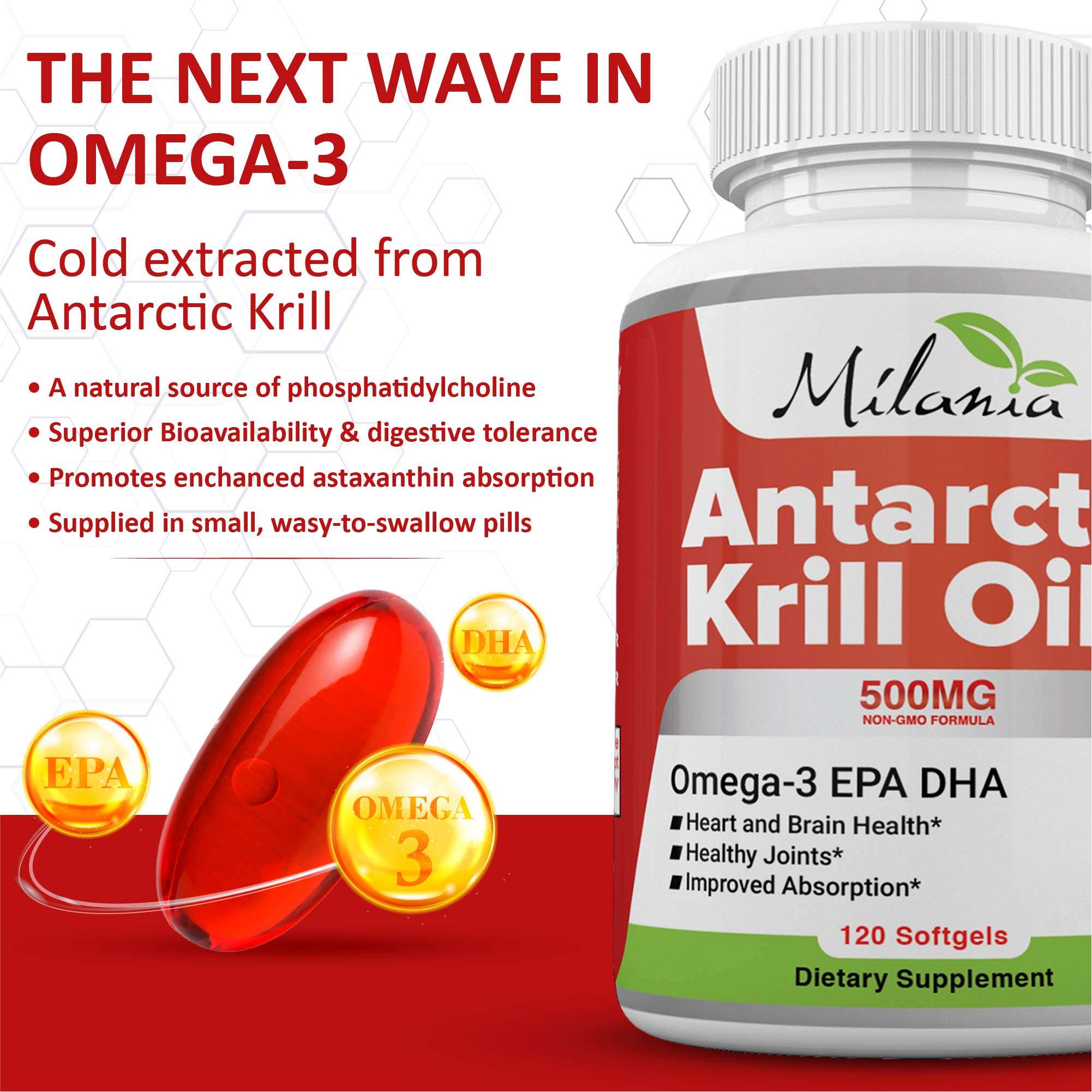 MILANIA Antarctic Krill Oil bottle with 120 softgel capsules