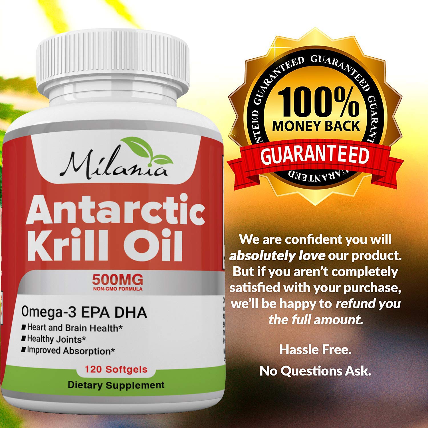 MILANIA Antarctic Krill Oil capsules on a wooden surface