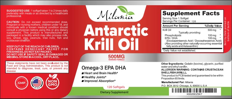 MILANIA Antarctic Krill Oil packaging and capsules