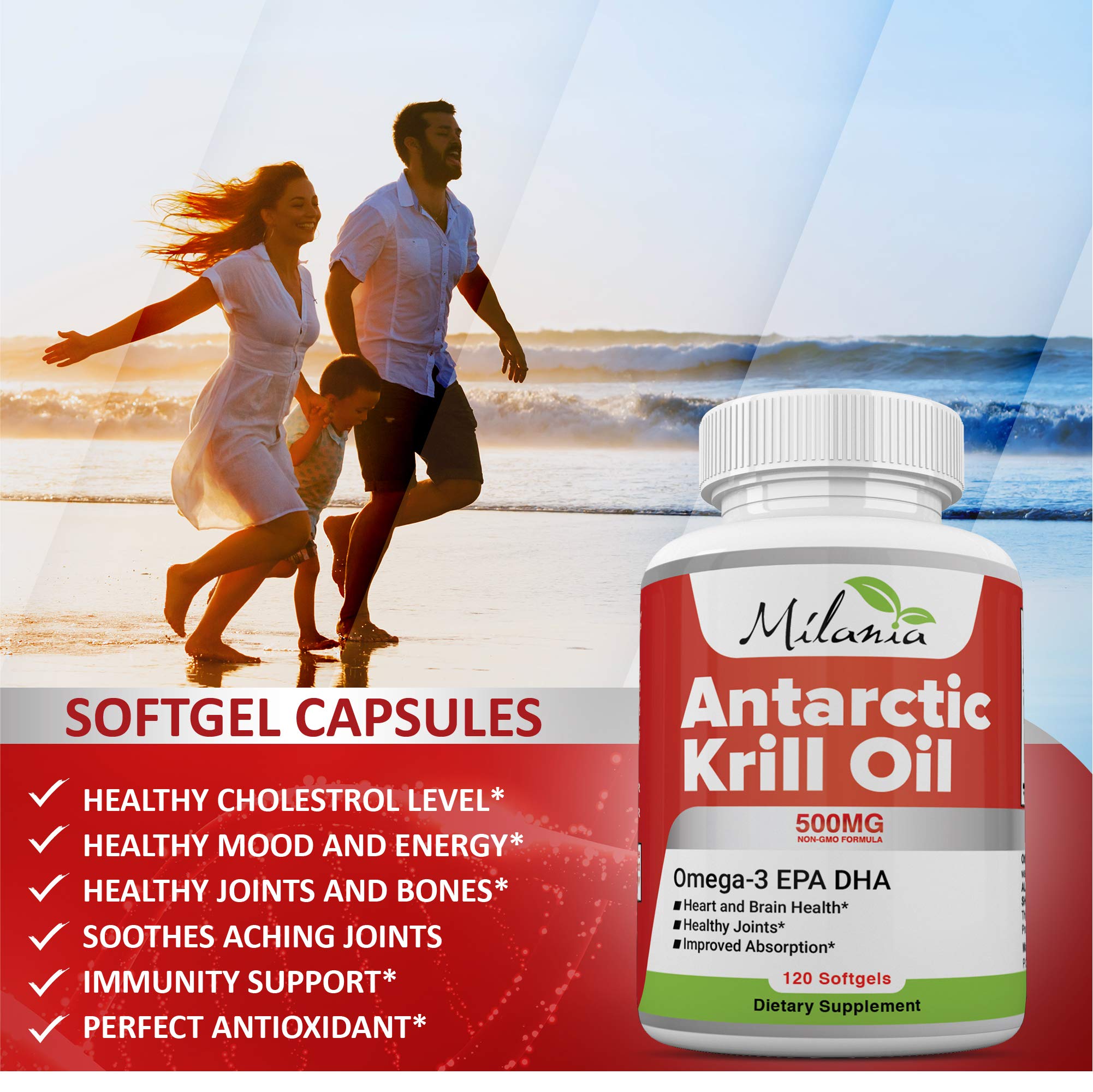 MILANIA Antarctic Krill Oil softgel capsules in a bowl