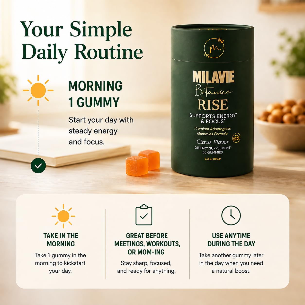 MILAVIE Botanica Rise Energy & Focus Gummies on a desk