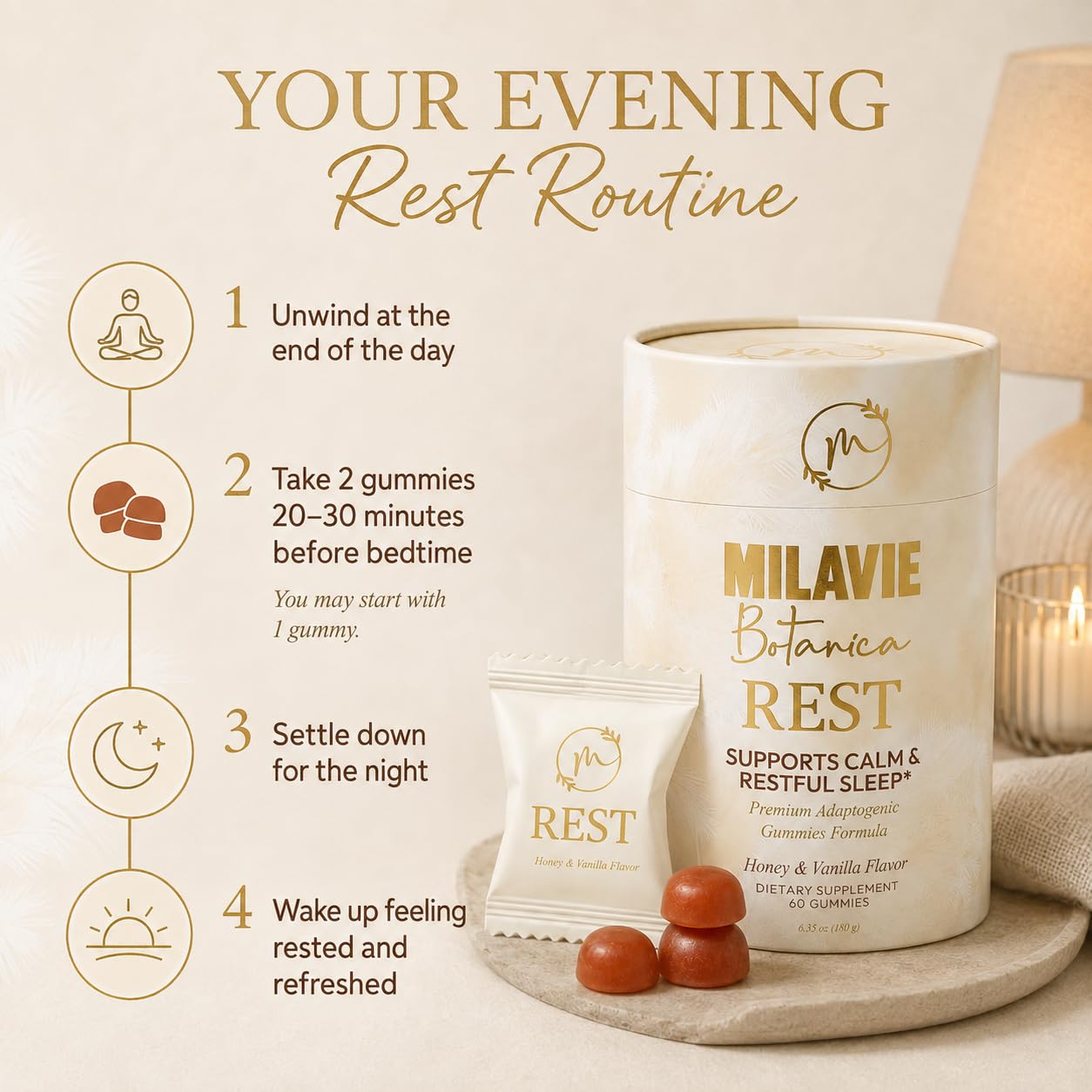 MILAVIE Rest Sleep Gummies open bottle showing gummies