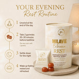 MILAVIE Rest Sleep Gummies open bottle showing gummies