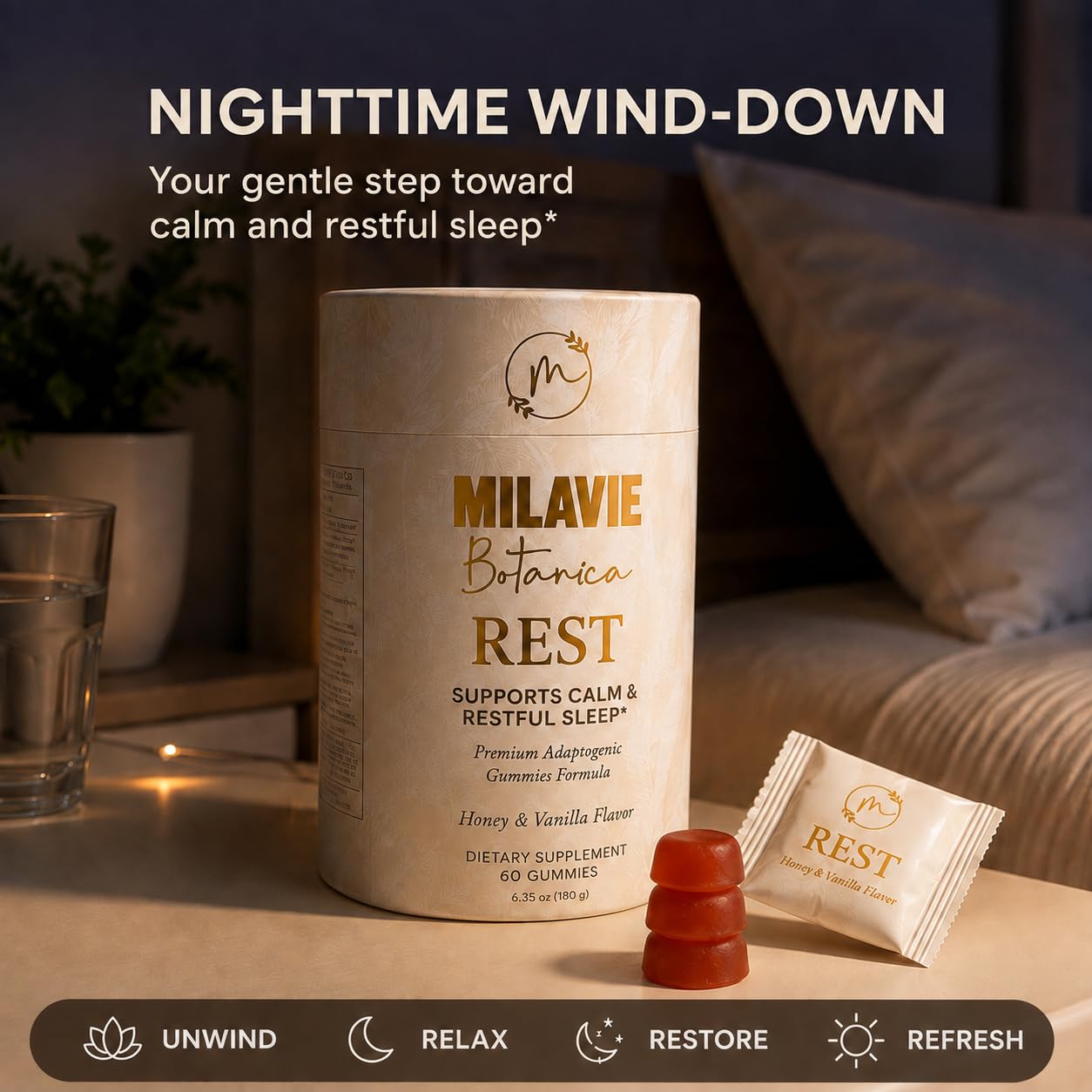MILAVIE Rest Sleep Gummies packaging side view