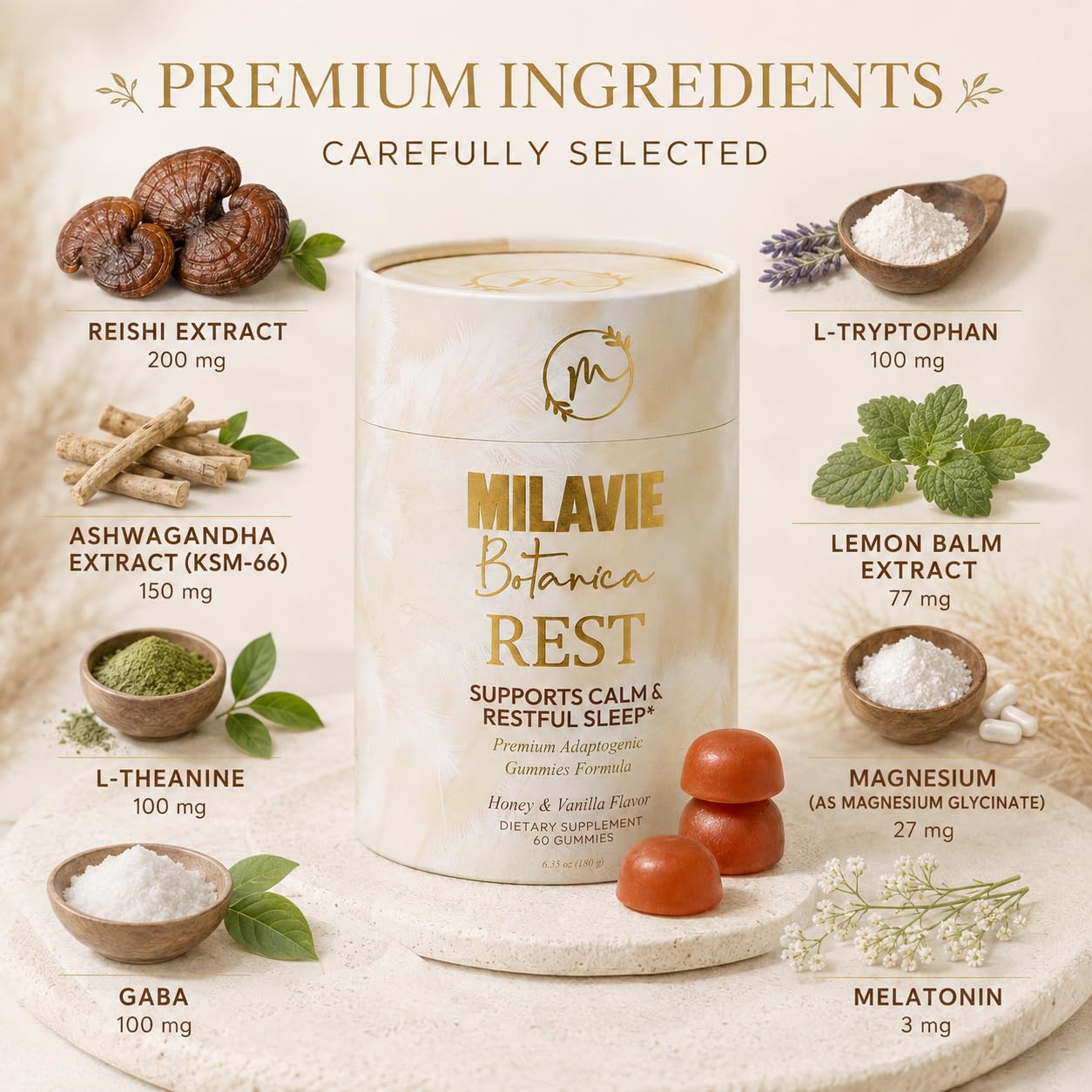MILAVIE Rest Sleep Gummies with a measuring spoon