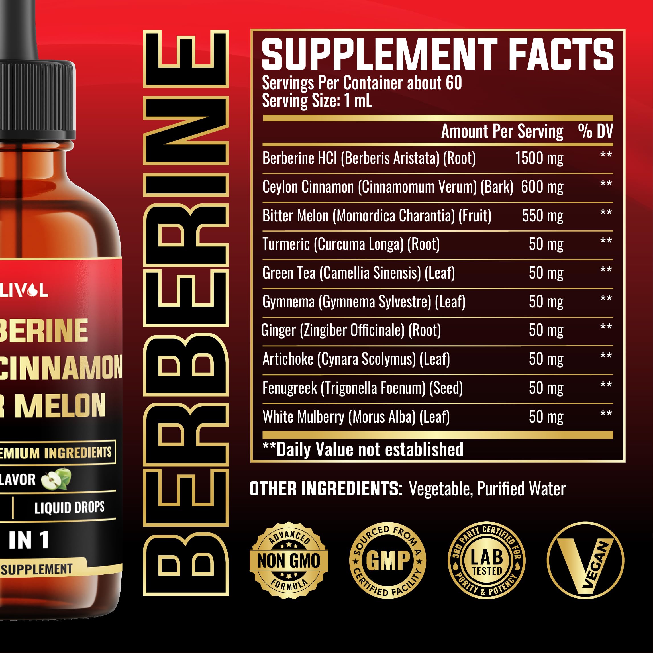 MILIVOL Berberine Liquid Drops 60ml bottle side view
