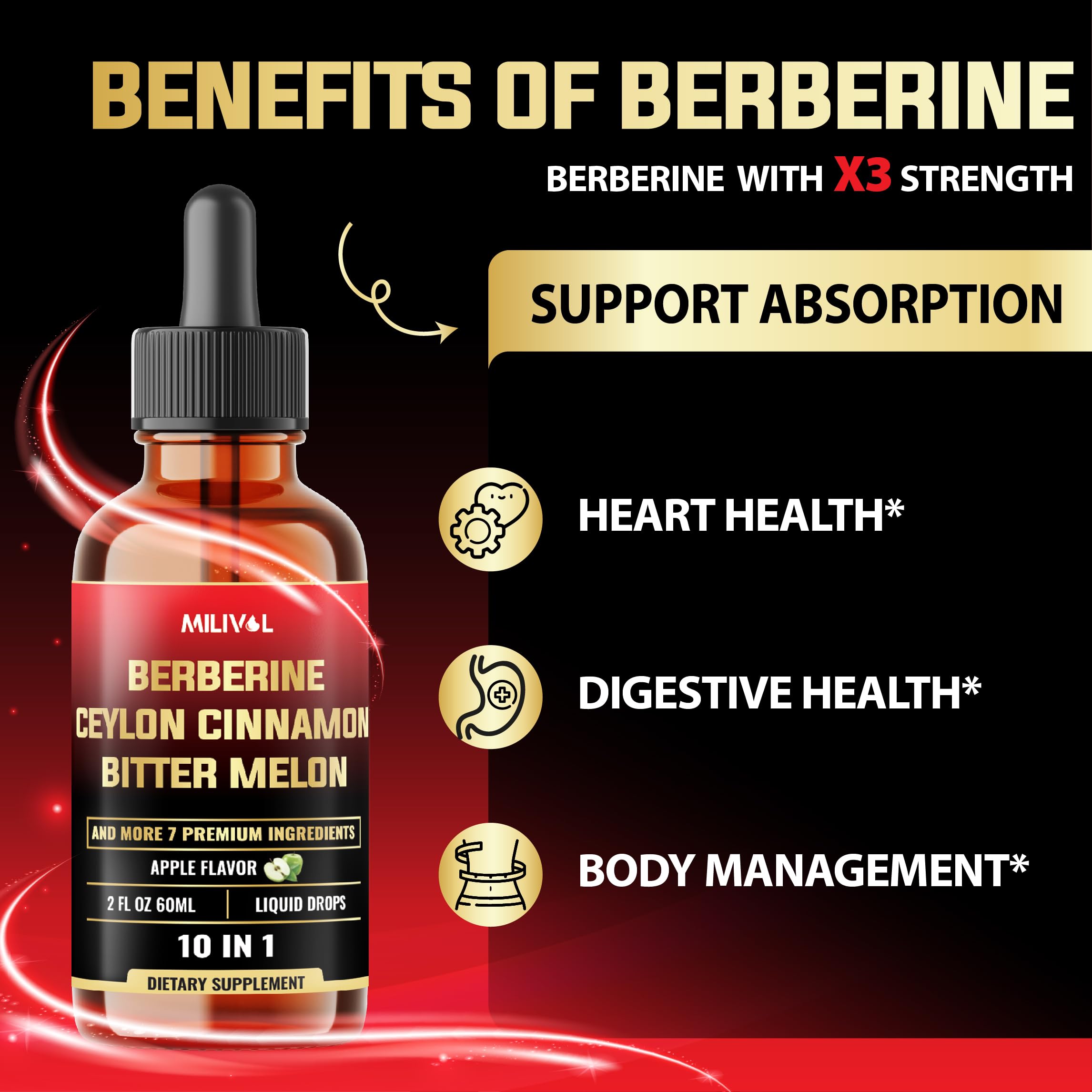 MILIVOL Berberine Liquid Drops with ingredients displayed
