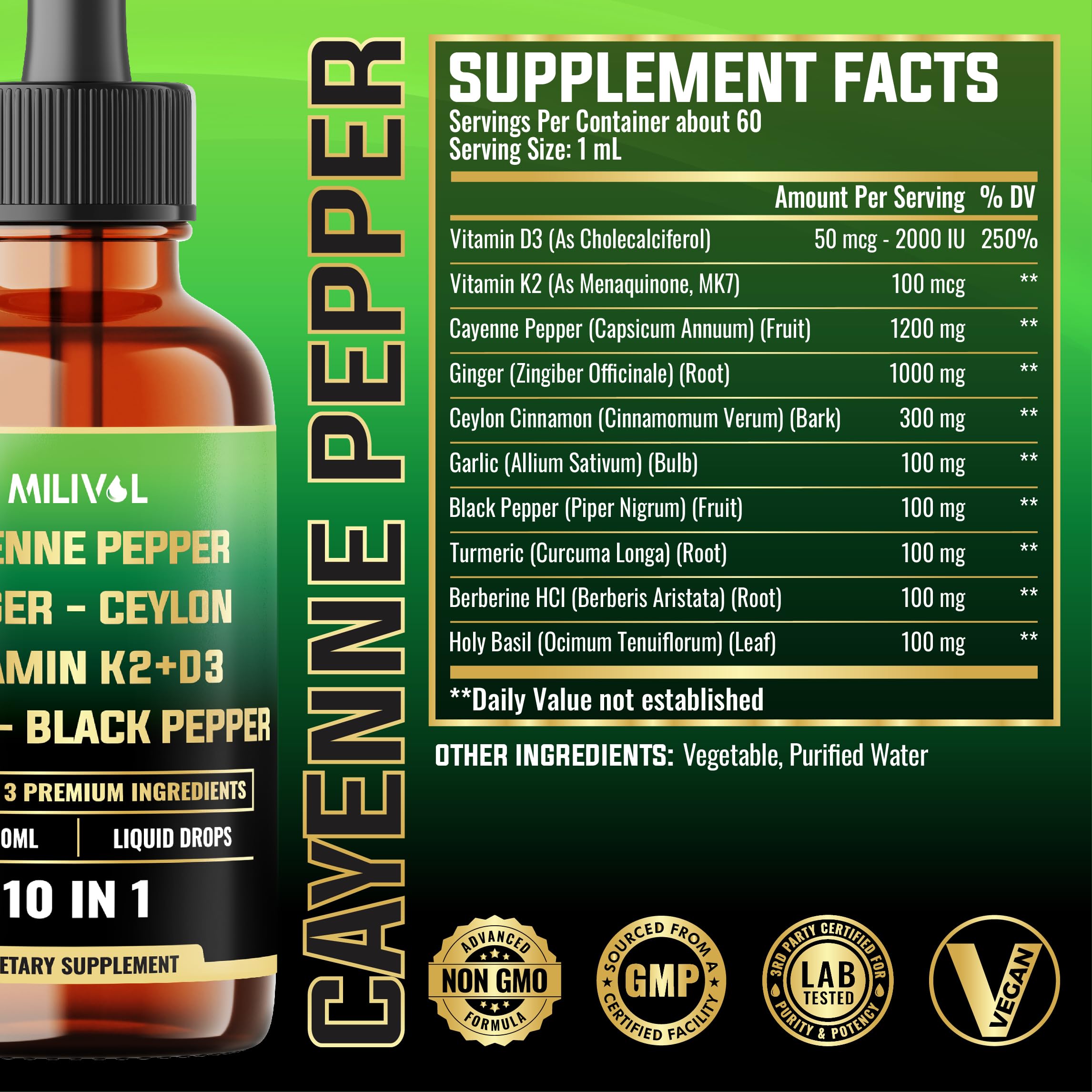MILIVOL Cayenne Pepper Liquid Drops 60ml bottle with dropper