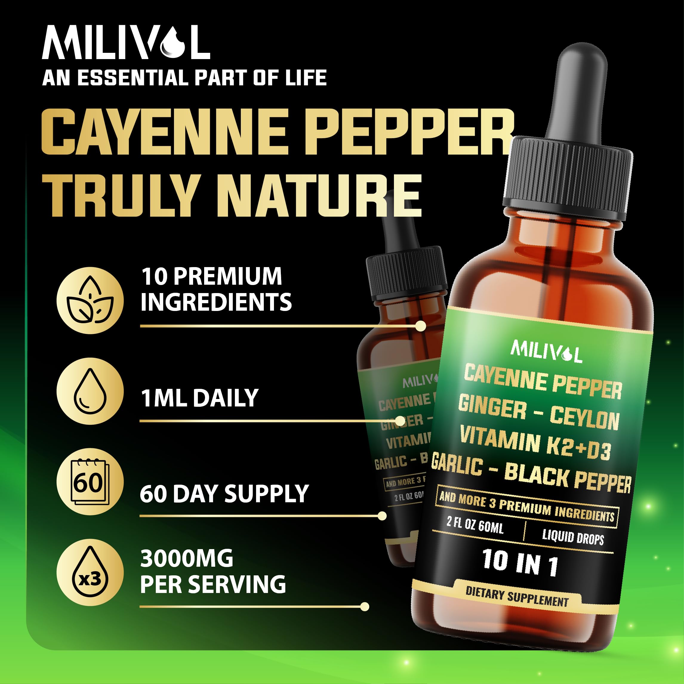 MILIVOL Cayenne Pepper Liquid Drops product label close-up