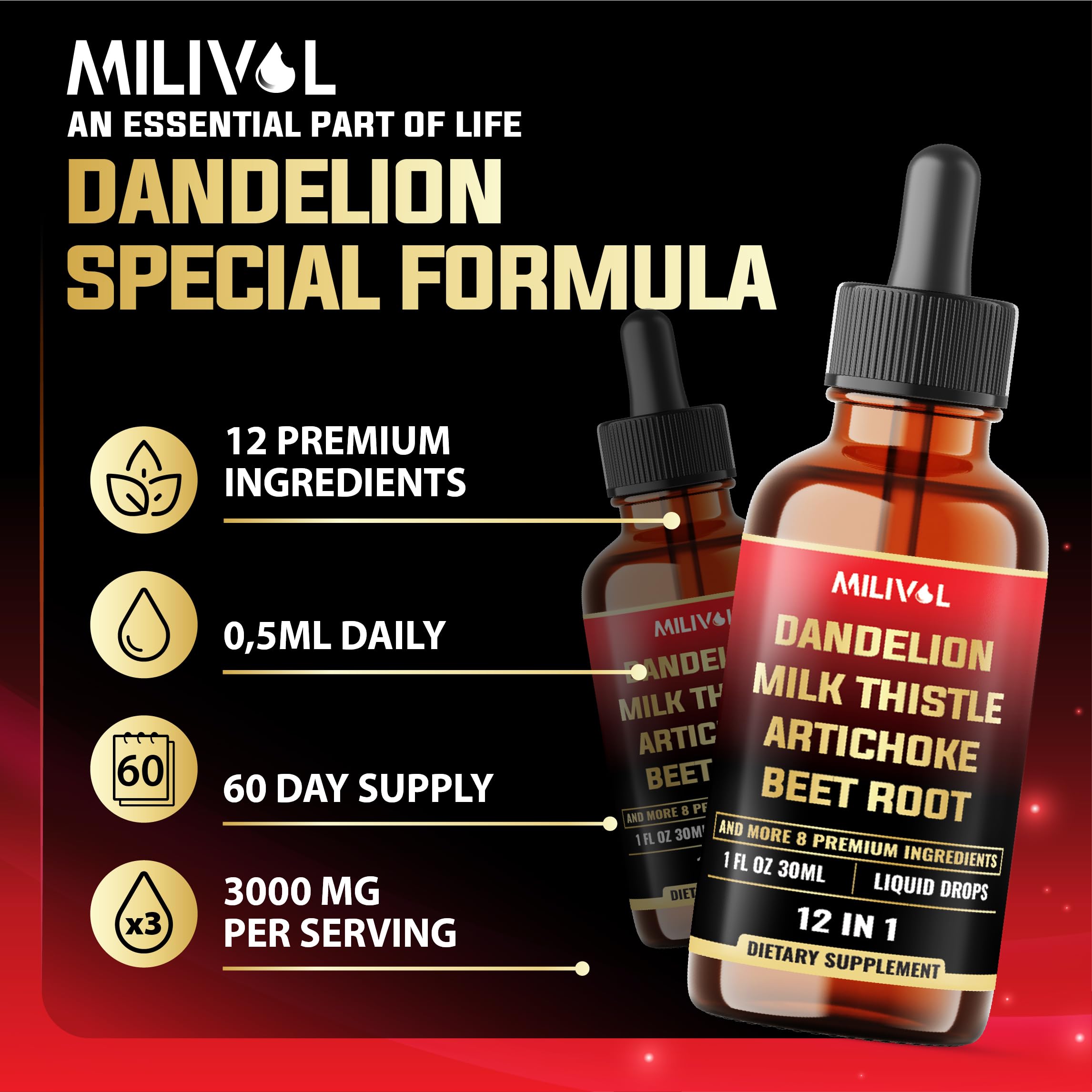 MILIVOL Dandelion Root Tincture 30ml on wooden table