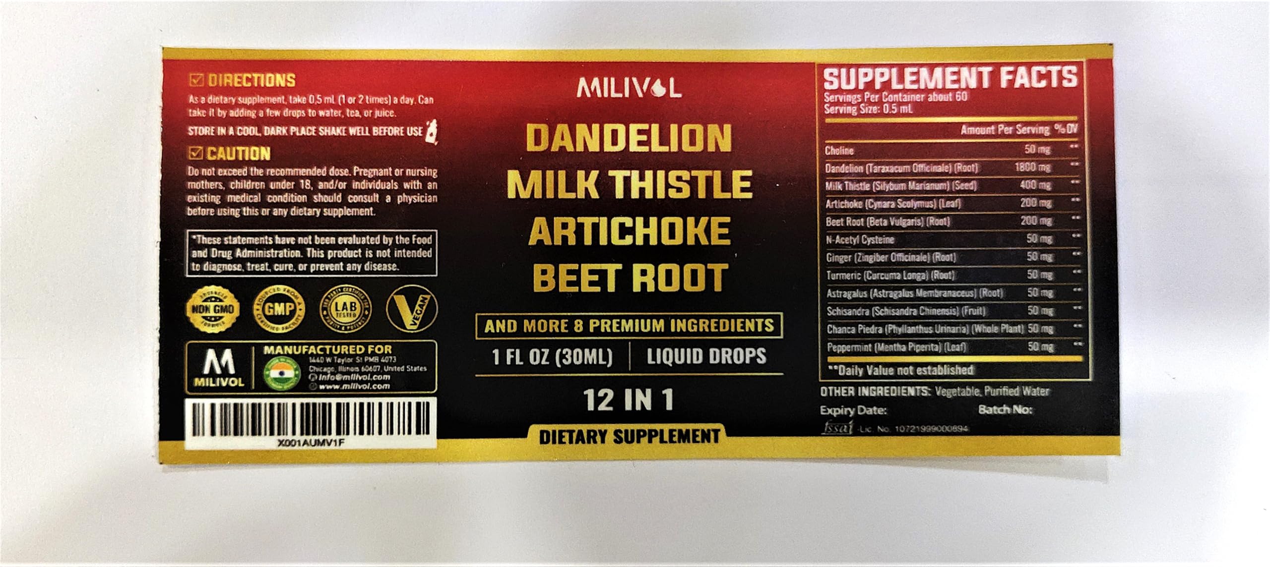 MILIVOL Dandelion Root Tincture 30ml side view
