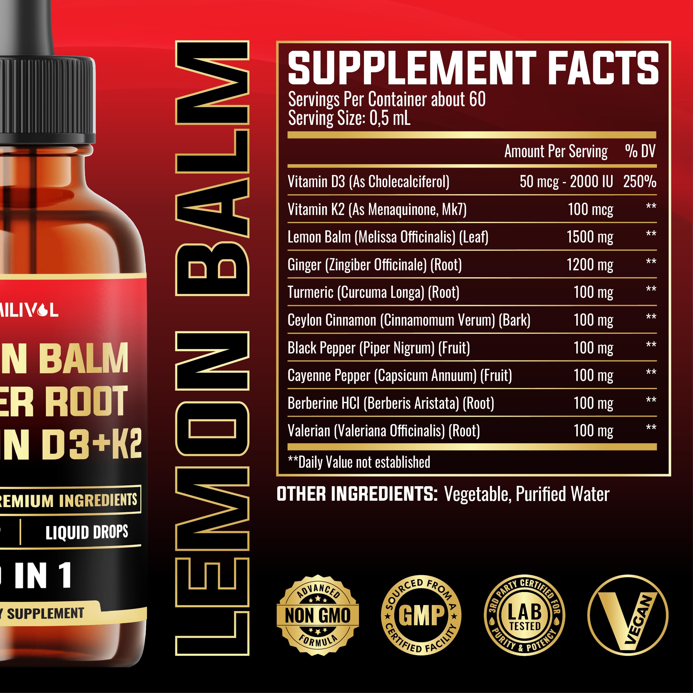 MILIVOL Lemon Balm Tincture 3300mg bottle with dropper
