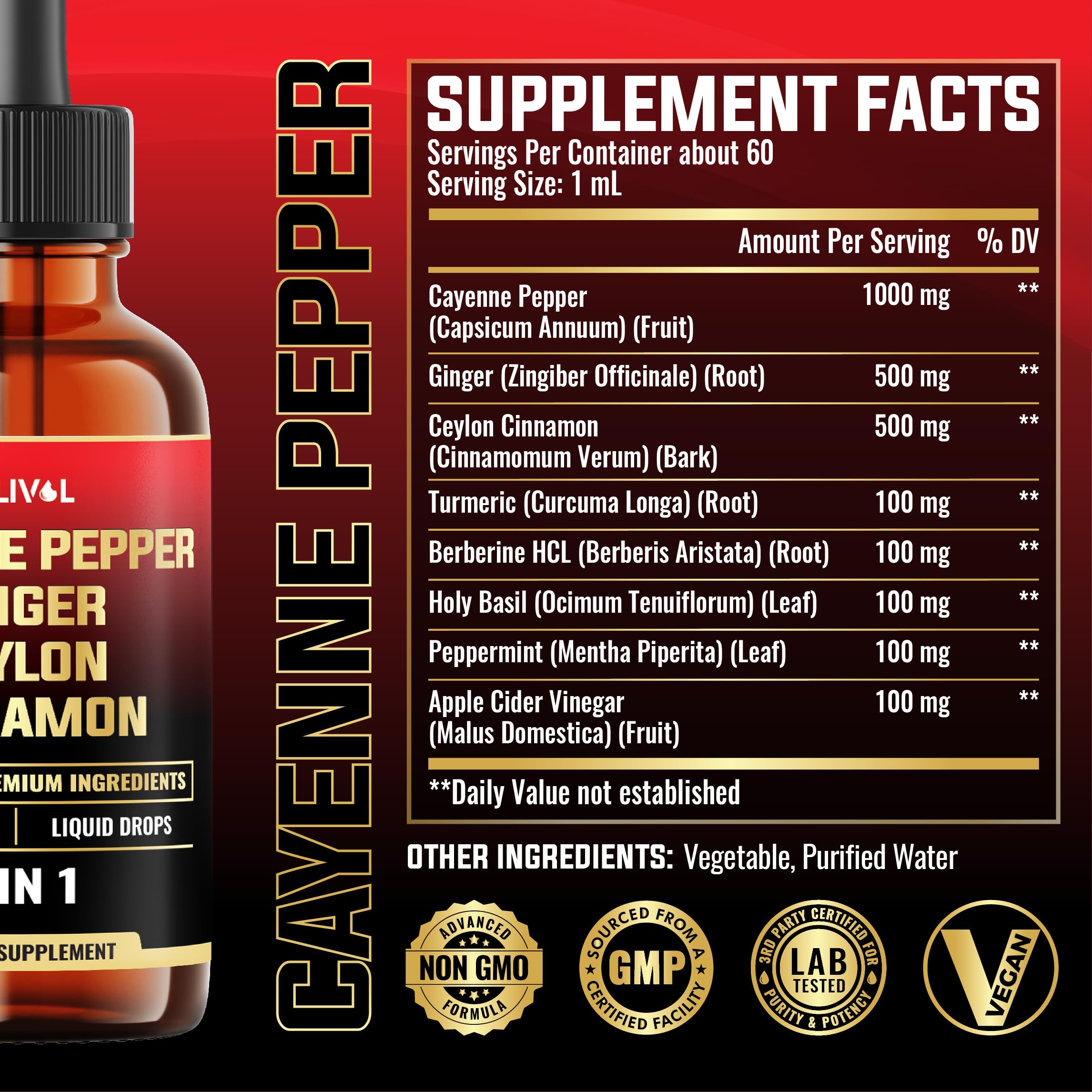 MILIVOL Liquid Cayenne Pepper Drops 60ml bottle with ingredients