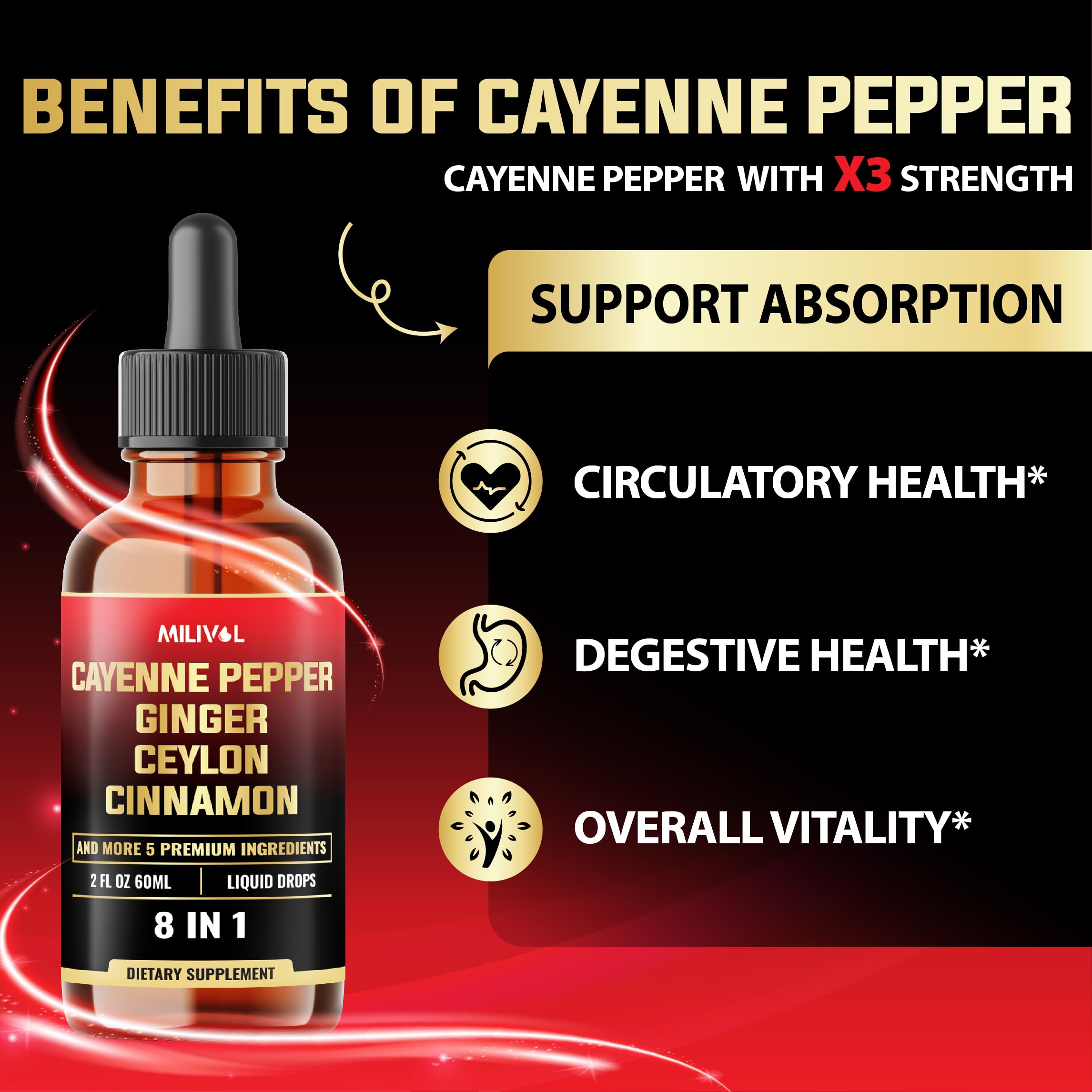 MILIVOL Liquid Cayenne Pepper Drops 60ml with measuring dropper