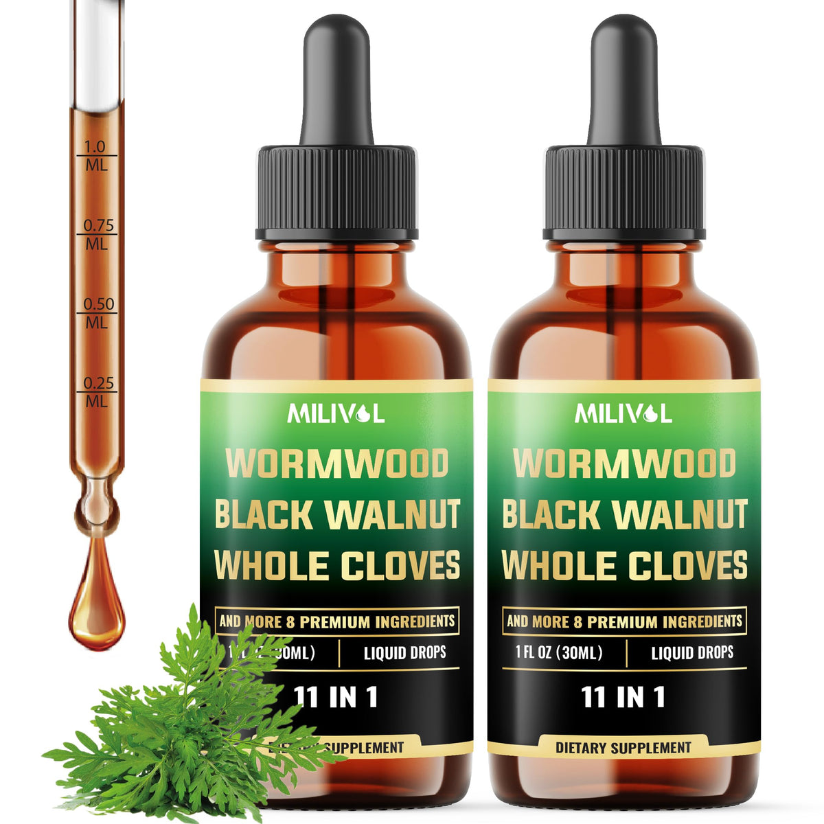 MILIVOL Wormwood Liquid Drops front view with packaging