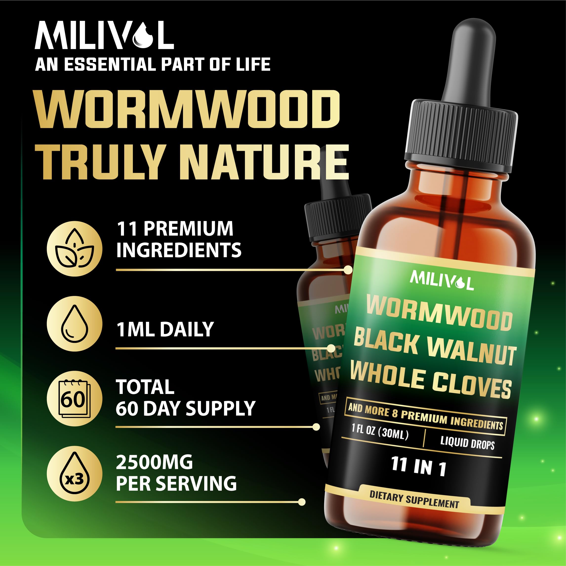 MILIVOL Wormwood Liquid Drops showing two packs of 30ml
