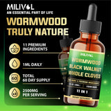 MILIVOL Wormwood Liquid Drops showing two packs of 30ml