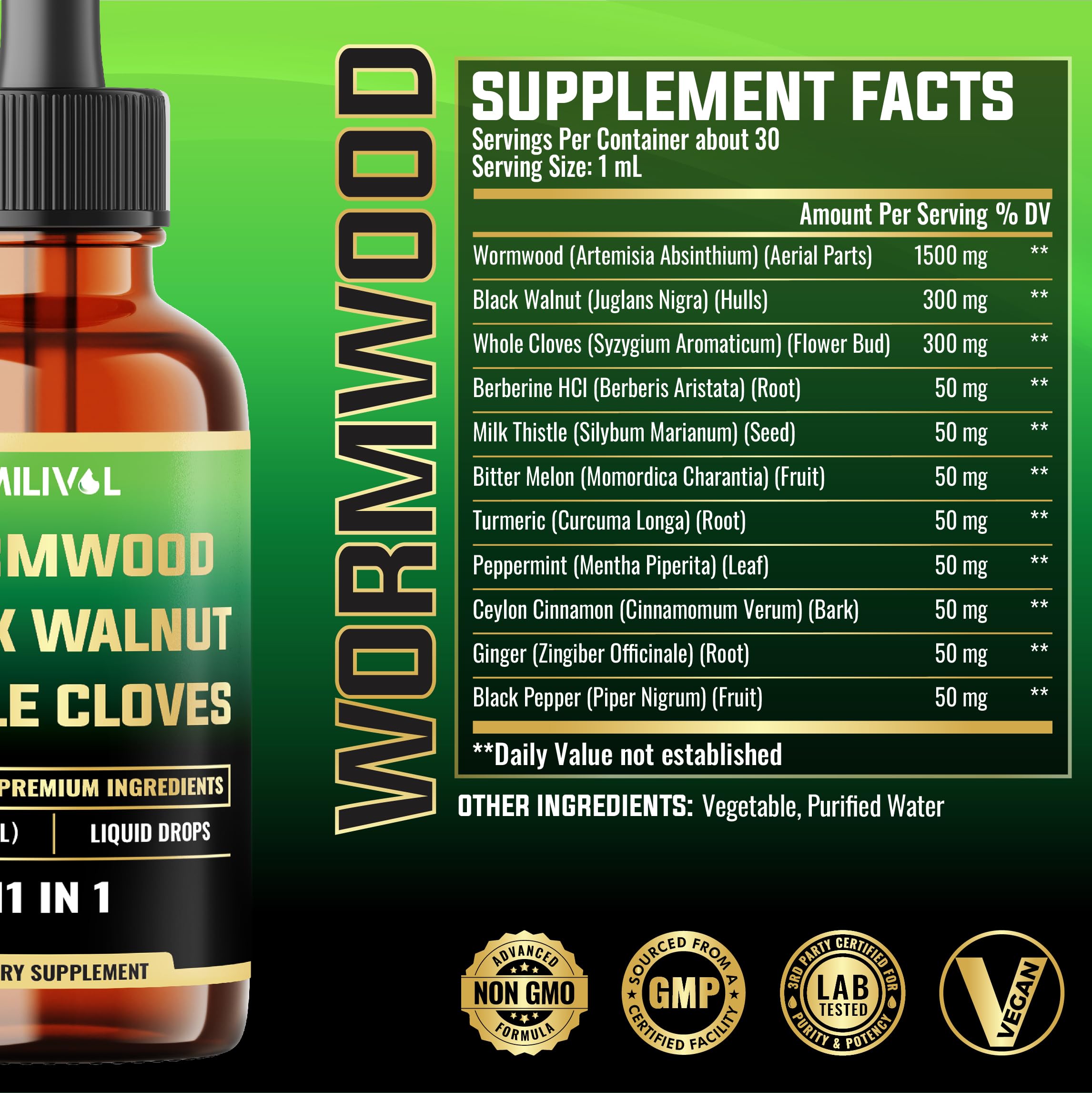 MILIVOL Wormwood Liquid Drops side view showing bottle
