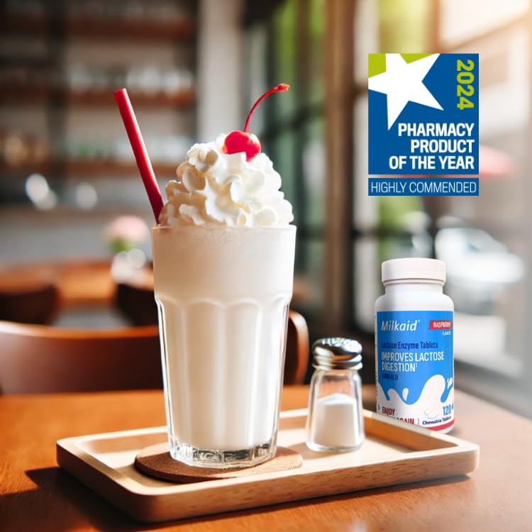 Milkaid Lactase Chewable Tablets 100g displayed on a table