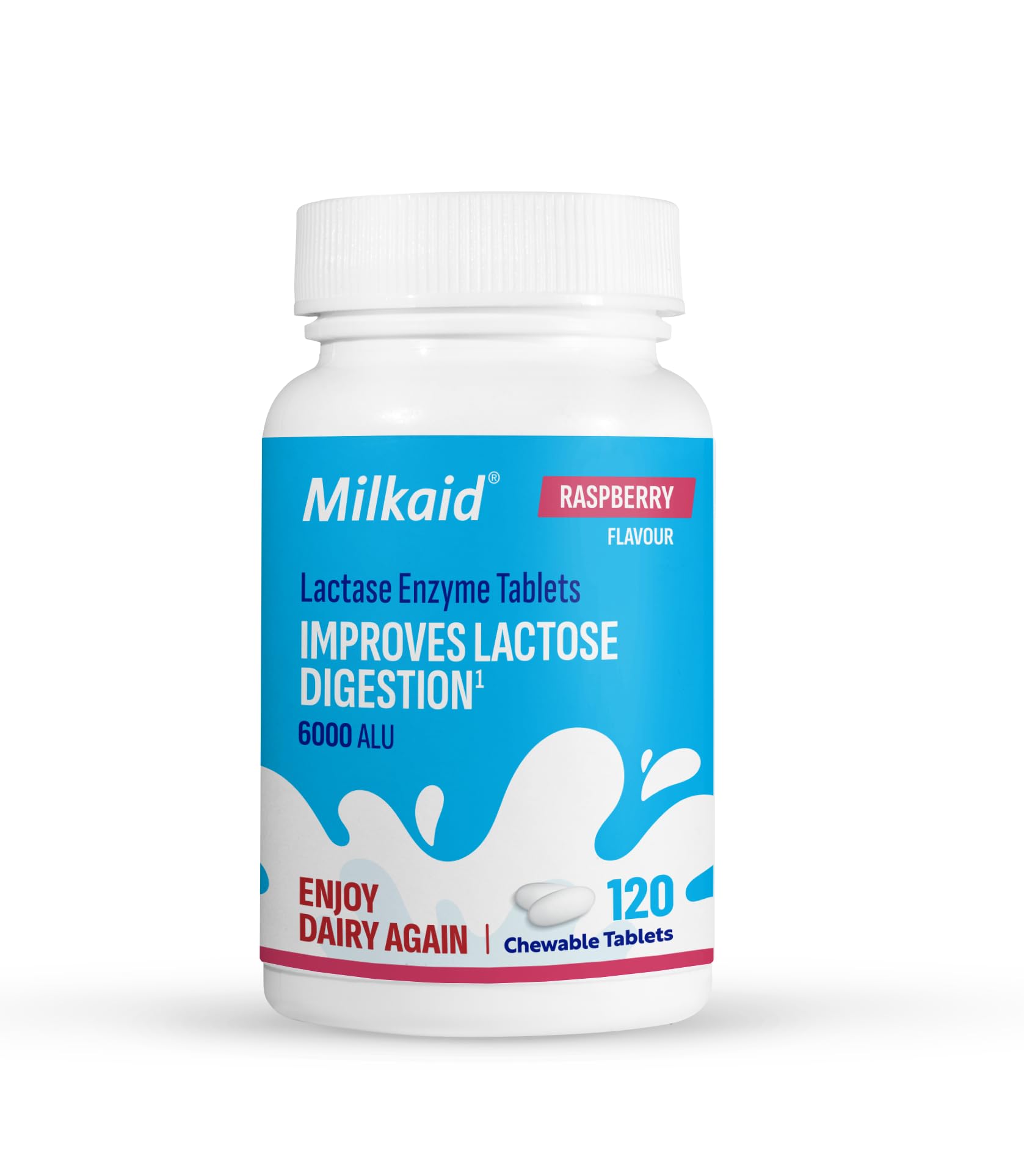 Milkaid Lactase Chewable Tablets 100g front view with packaging