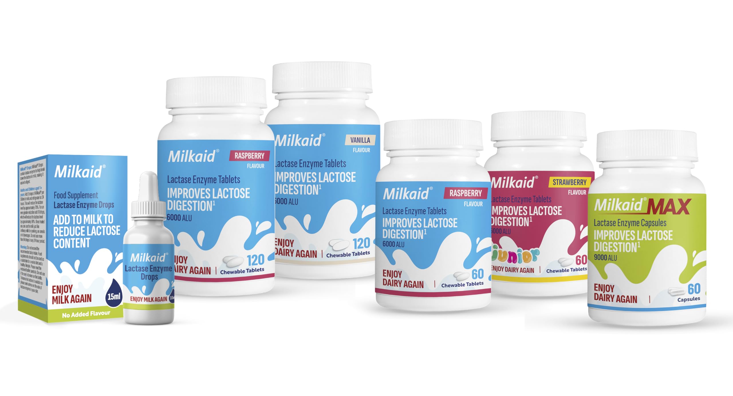 Milkaid Lactase Chewable Tablets 100g with a glass of milk
