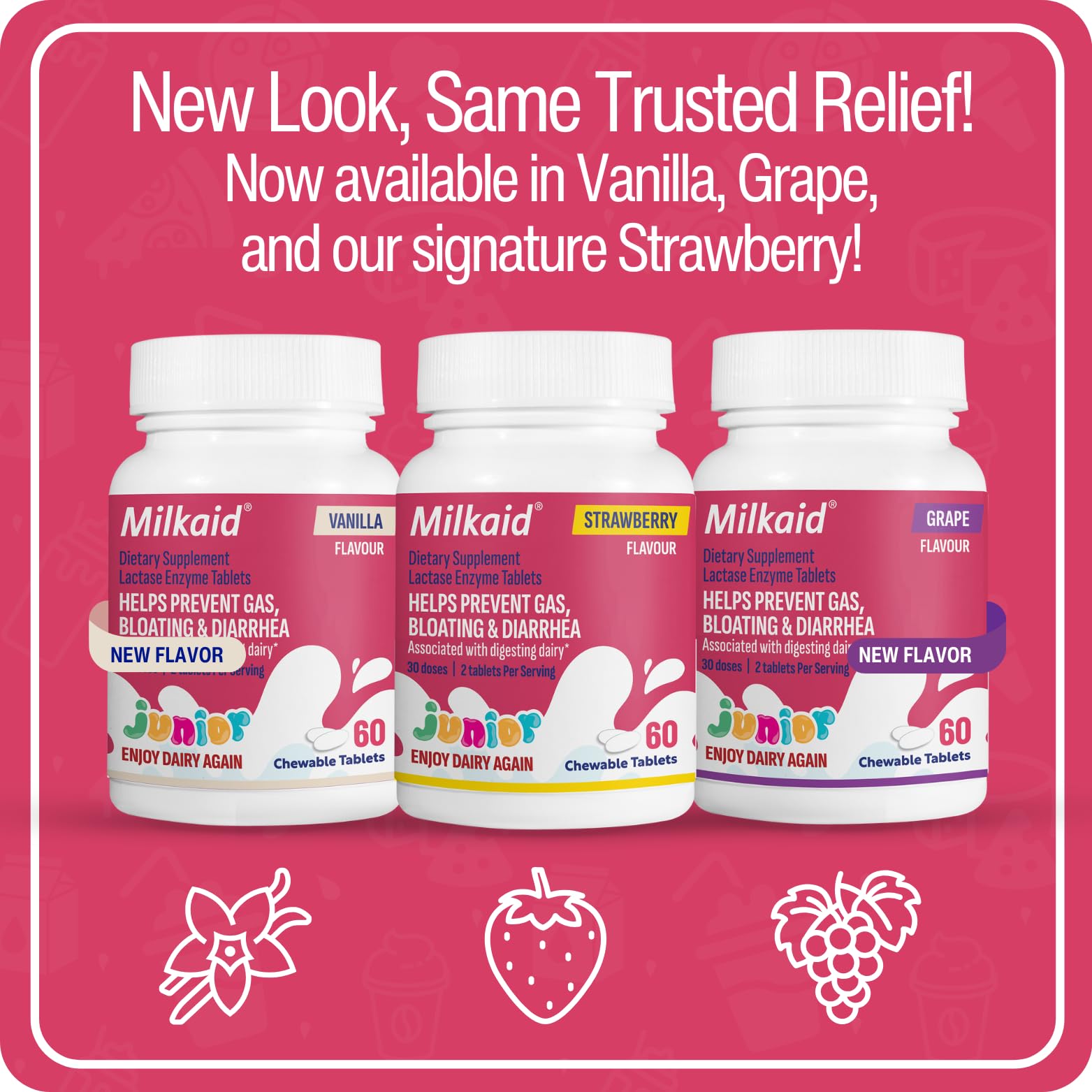 Milkaid Strawberry Chewable Tablets on a wooden table