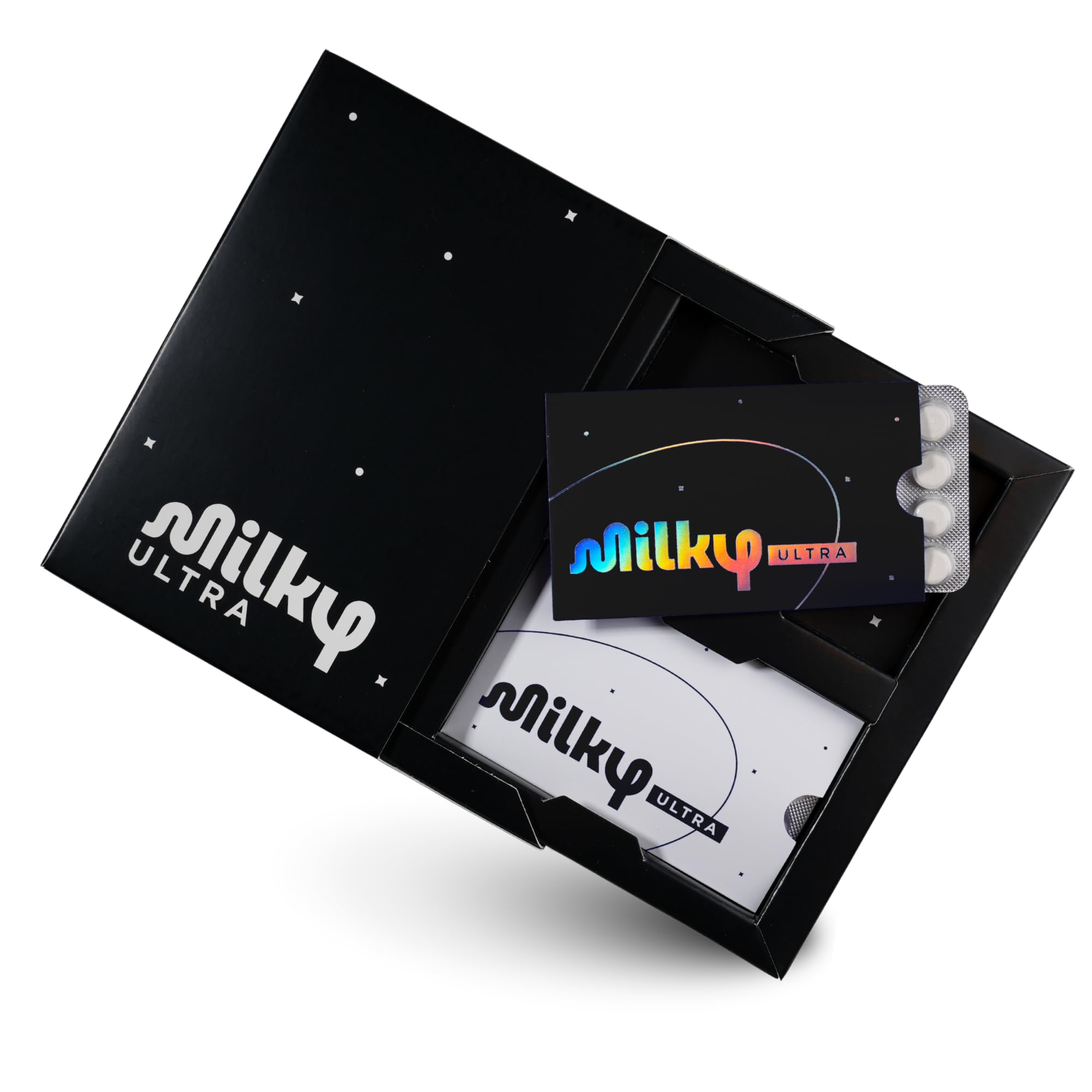 Milky Ultra Lactase Enzyme Tablets 21,000 FCC in credit-card sleeve