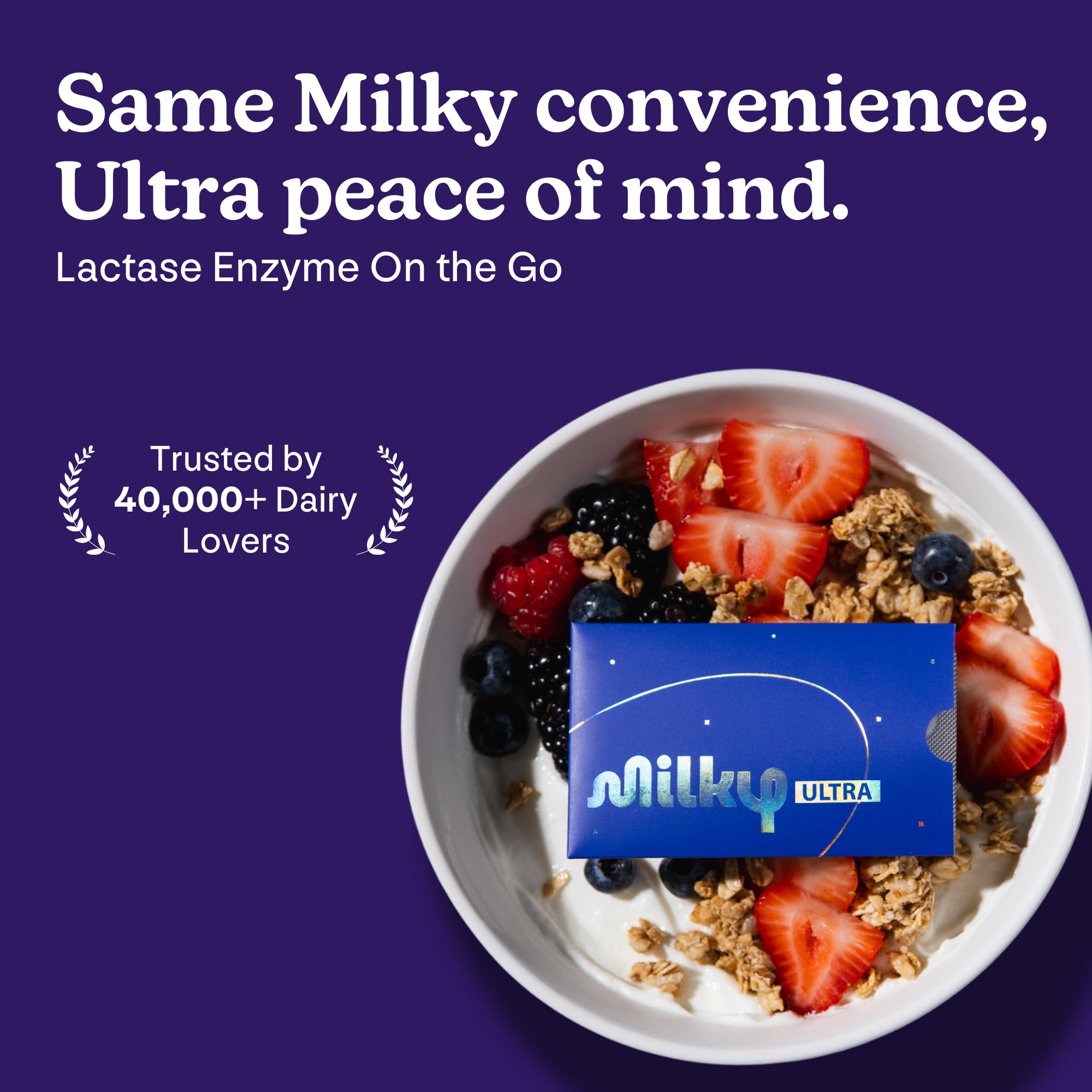 Milky Ultra Lactase Enzyme Tablets in credit-card sleeve