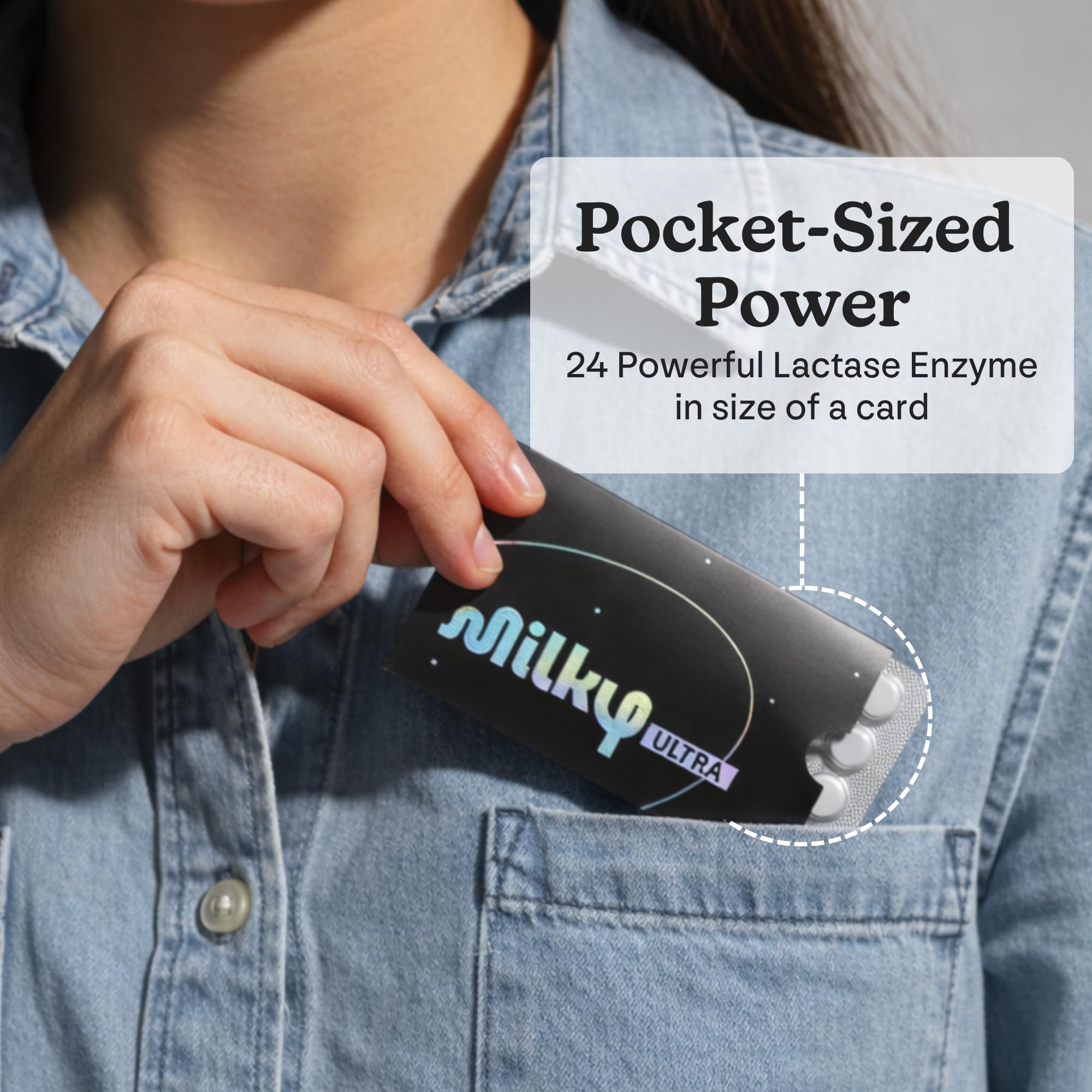 Milky Ultra Lactase Enzyme Tablets opened with a tablet visible