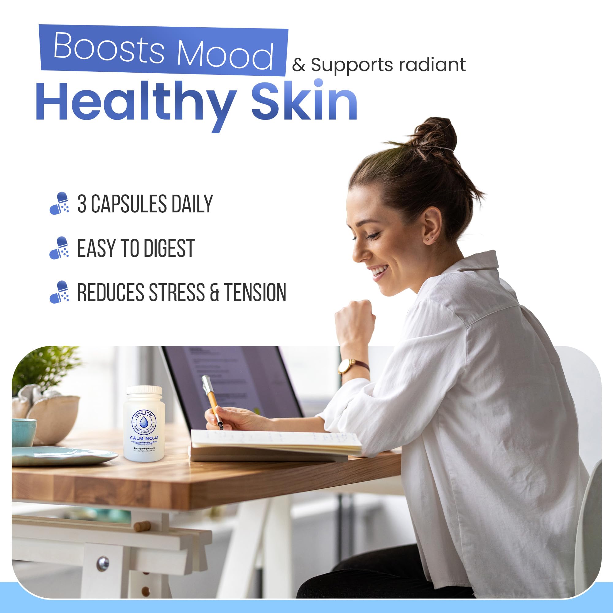 Mind Soak Calm No. 41 supplement bottle with a measuring spoon